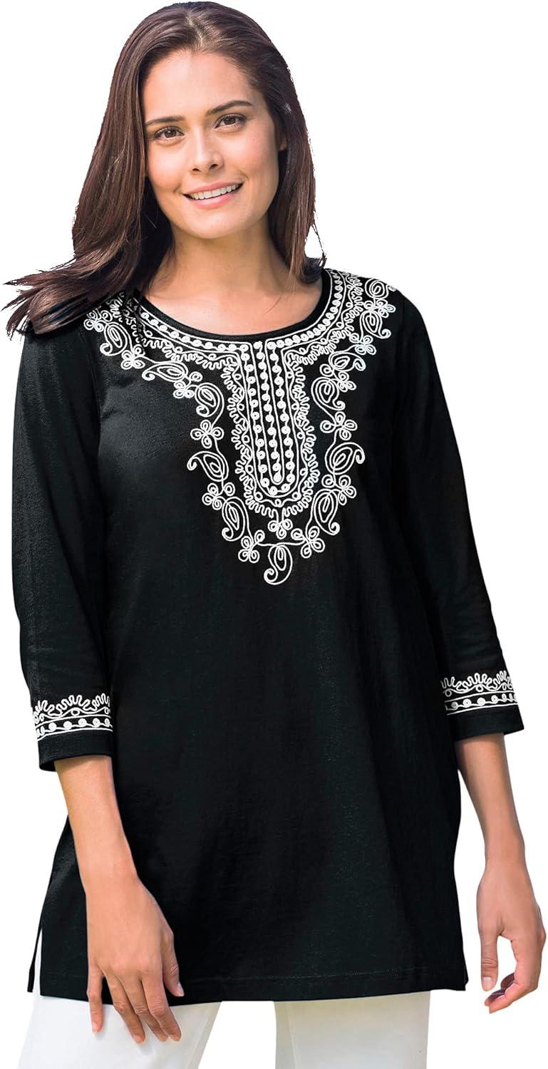Woman Within Women's Plus Size Embroidered Knit Tunic - 18/20, Black
