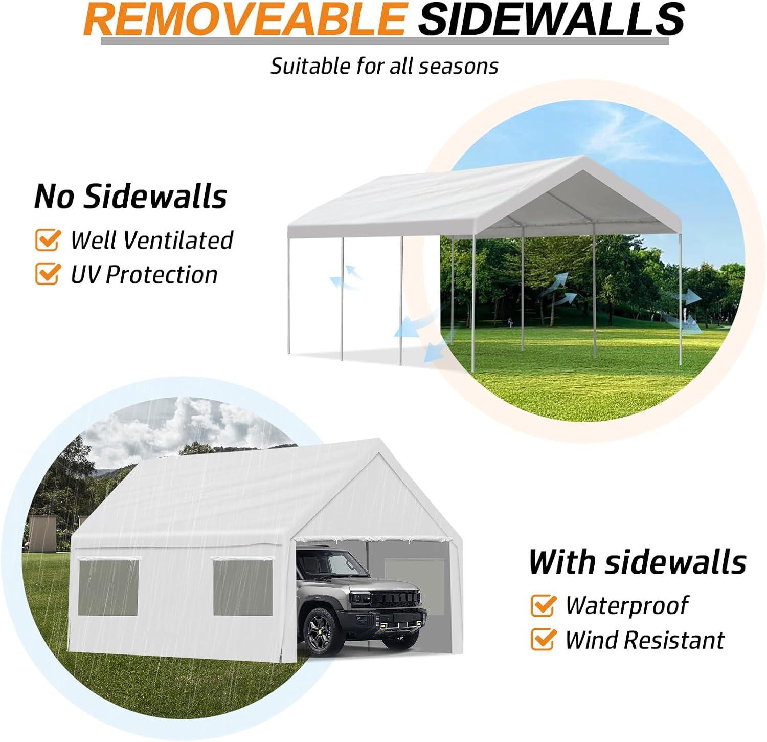 Aoodor 20 x 10 FT. Vehicle Carport Canopy Portable Garage Party Canopy Tent Boat Shelter, Heavy Duty Metal Frame with Removable Rool-up Sidewalls and Doors, White