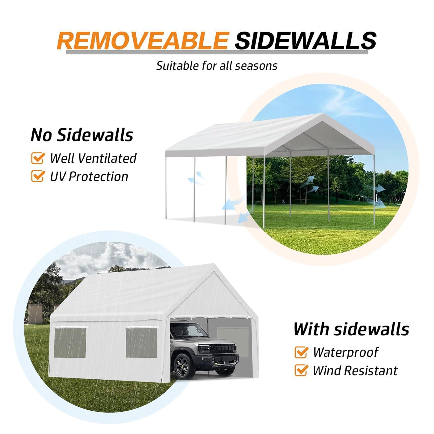 Aoodor 20 x 10 FT. Vehicle Carport Canopy Portable Garage Party Canopy Tent Boat Shelter, Heavy Duty Metal Frame with Removable Rool-up Sidewalls and Doors, White