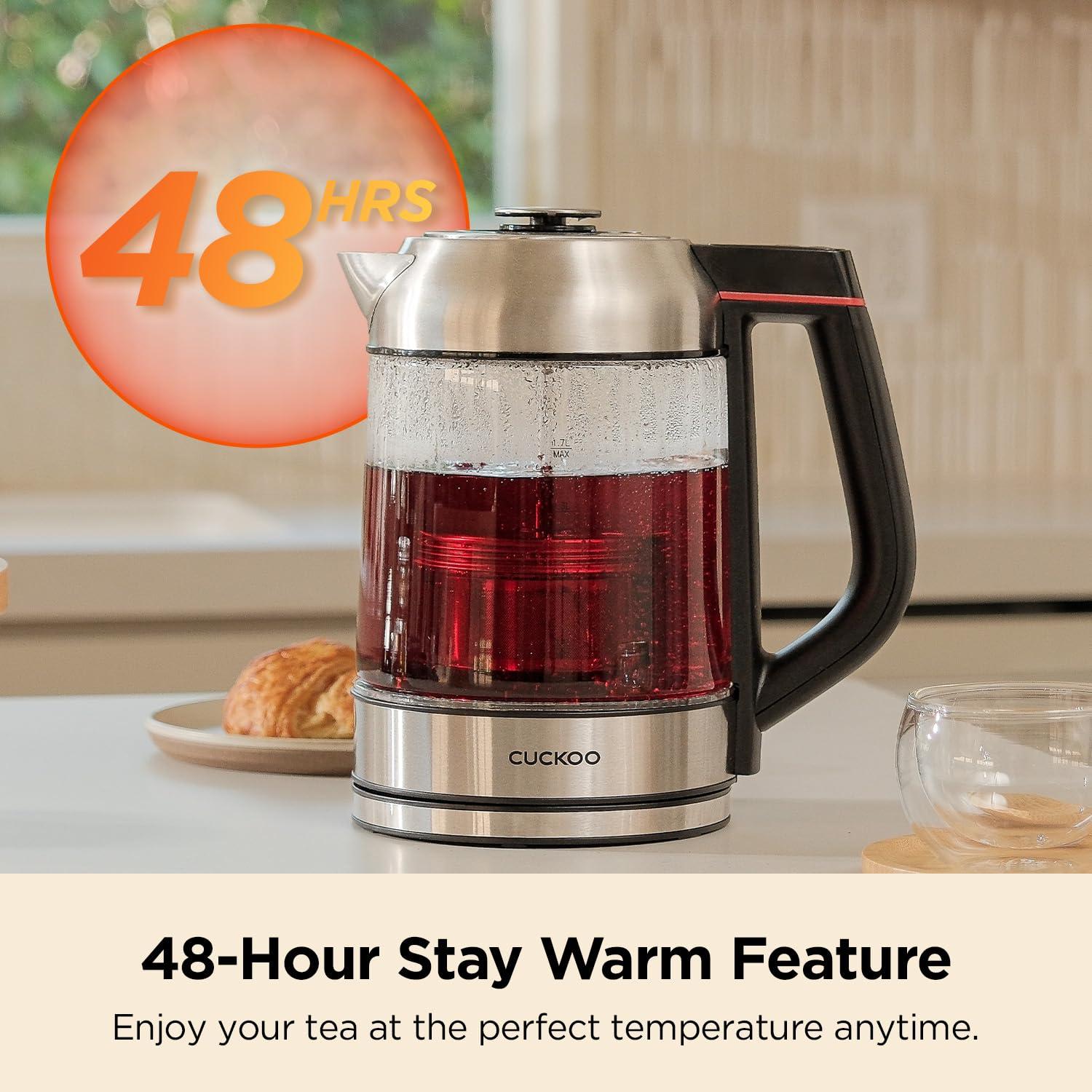 CUCKOO Electric Tea Kettle with Infuser & Temperature Control 7 Heat Settings LED Lights 1.7L Glass and Stainless Steel (CK-G170BS)