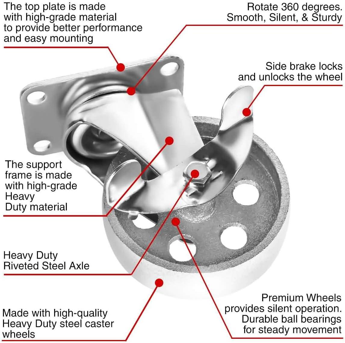 Heavy-Duty Gray Iron Swivel Plate Caster Wheels with Brake Lock, 4-Pack