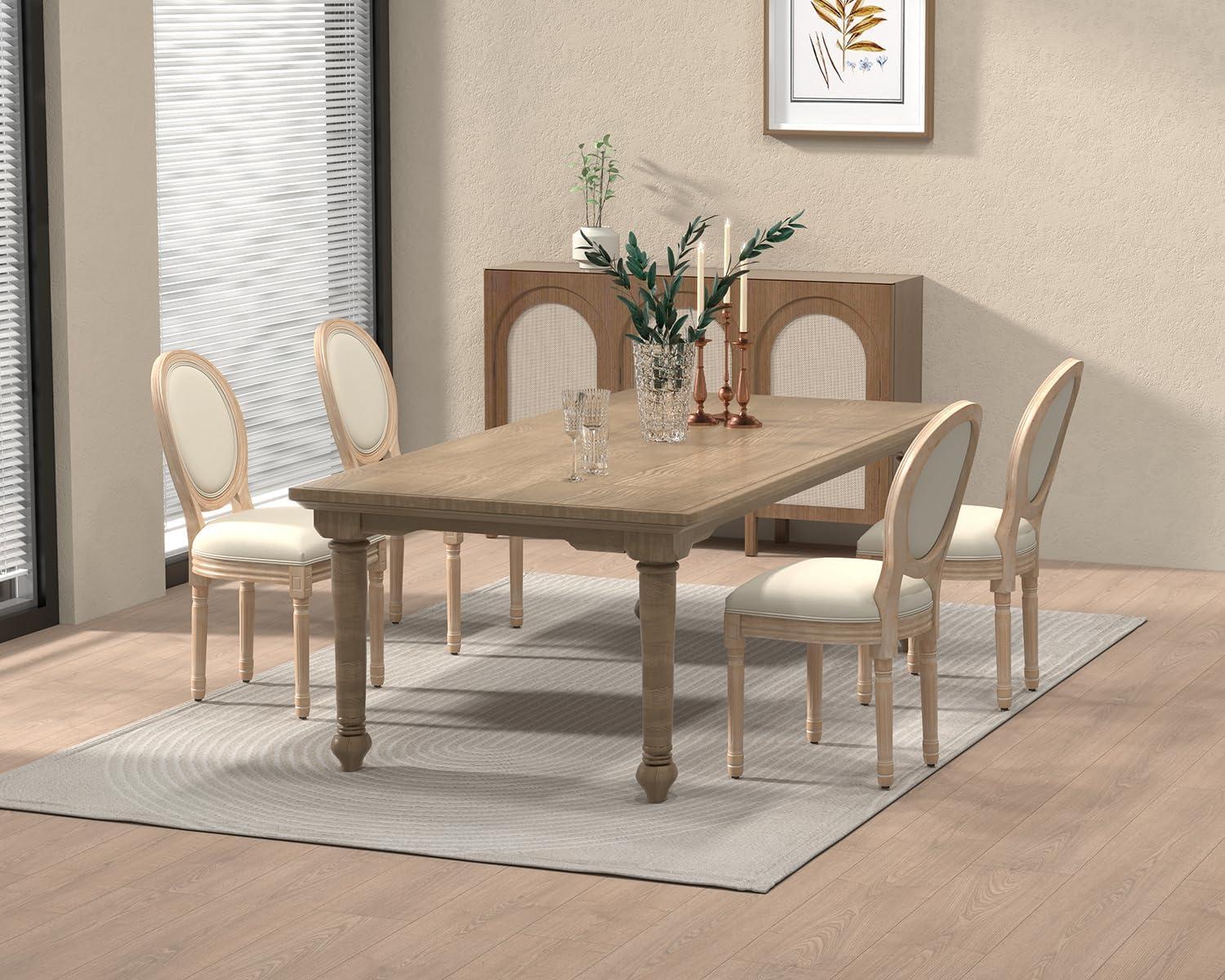 French Country Dining Chairs Set of 4, Cream Kitchen & Dining Room Chairs Set of 4, Ivory Linen Upholstered Dining Chairs, Wood Legs, Sillas De Comedor (Fabric, Beige, 4Pcs)