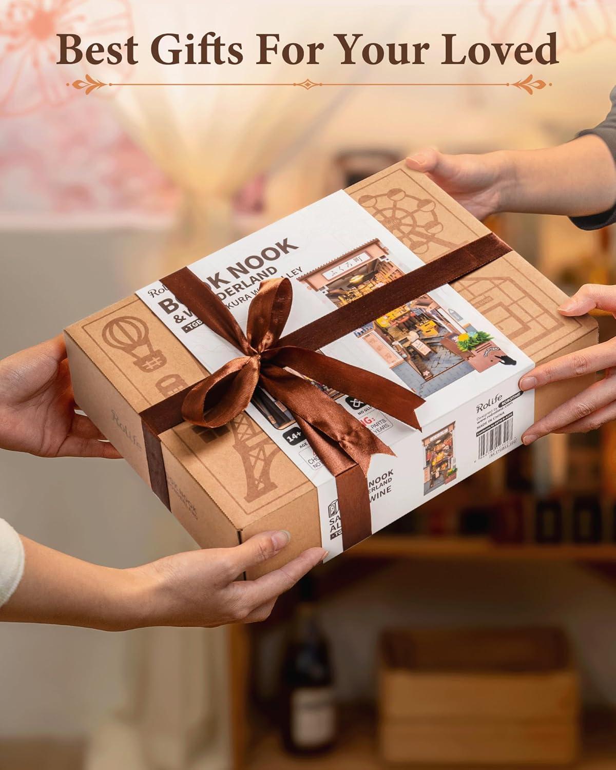 Rolife Book Nook 3D Jigsaw Puzzle Sakura Wine Alley Wooden Model Building Kit Decorative Bookend Stand DIY Bookshelf Insert Decor Gift for Teen Adults