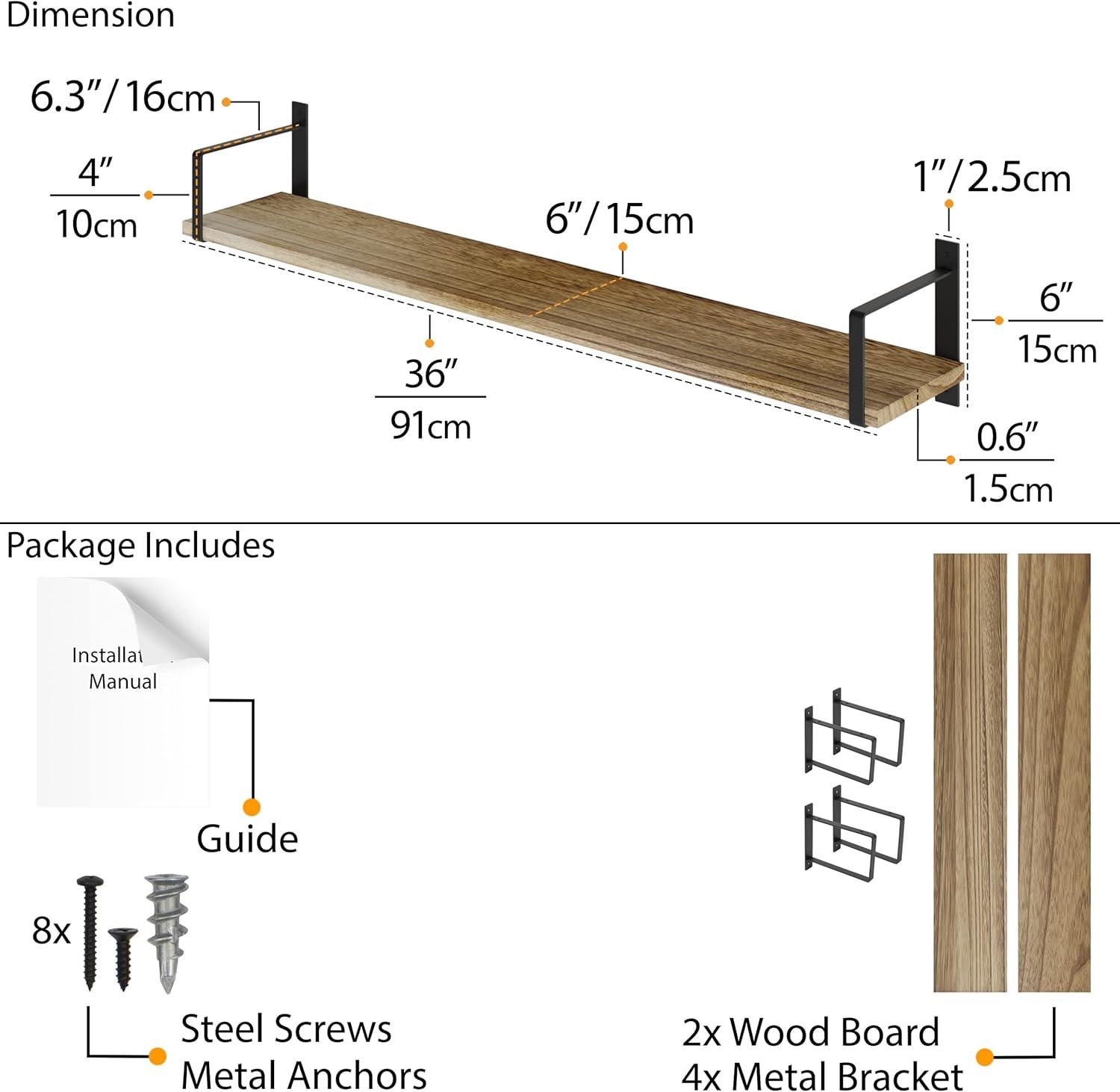Toledo 36" Black and Burnt Wood Floating Shelves Set