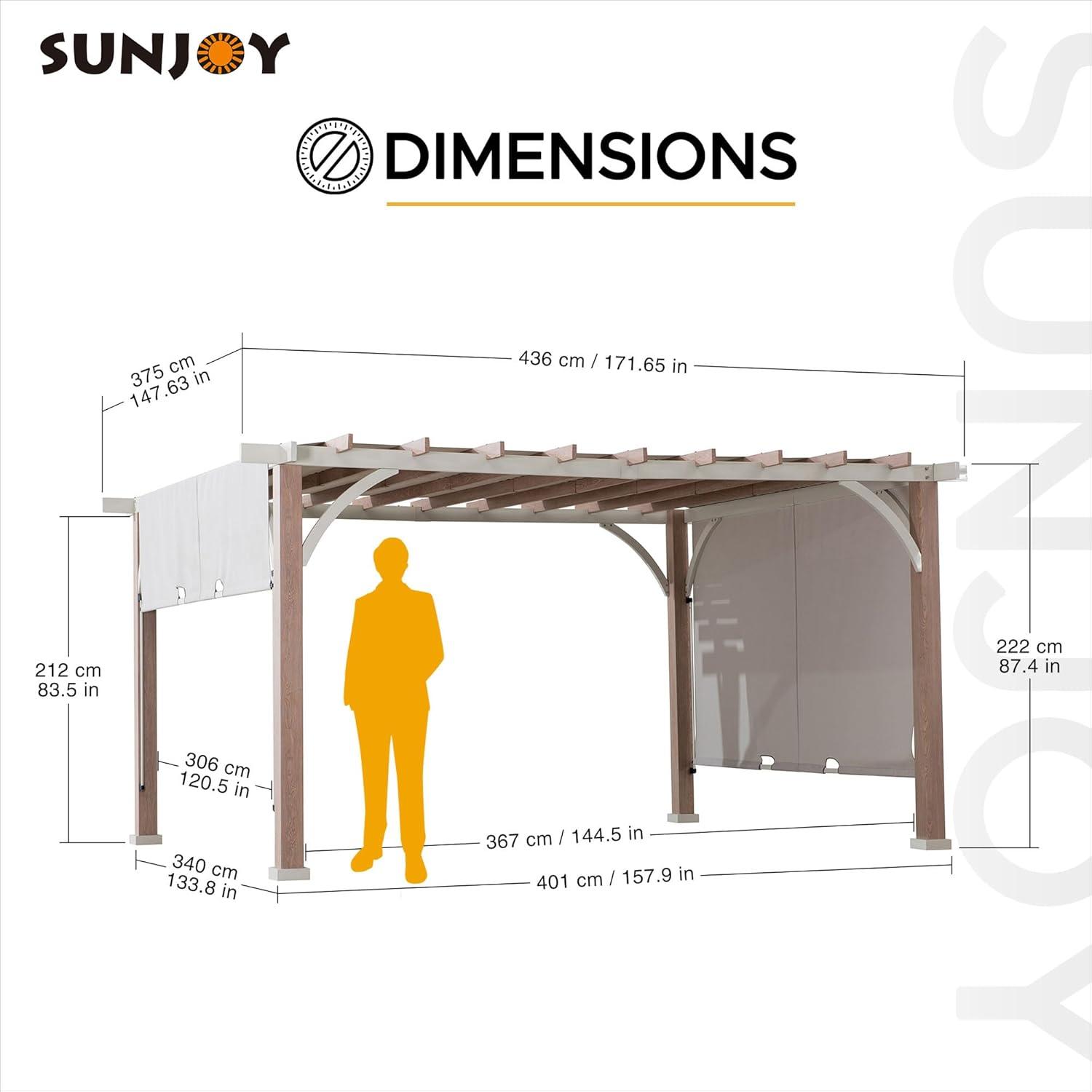 Sunjoy Delrey 12 x 14 ft. Outdoor Patio White Steel Frame Pergola with Adjustable Canopy for Backyard and Garden Shade, Light Gray