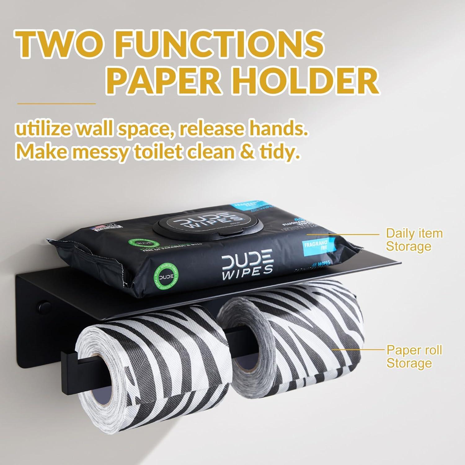 Double Toilet Paper Holder with Shelf Matte Black, SUS304 Stainless Steel Modern Bathroom Tissue Roll Holder Mobile Phone Storage Rack