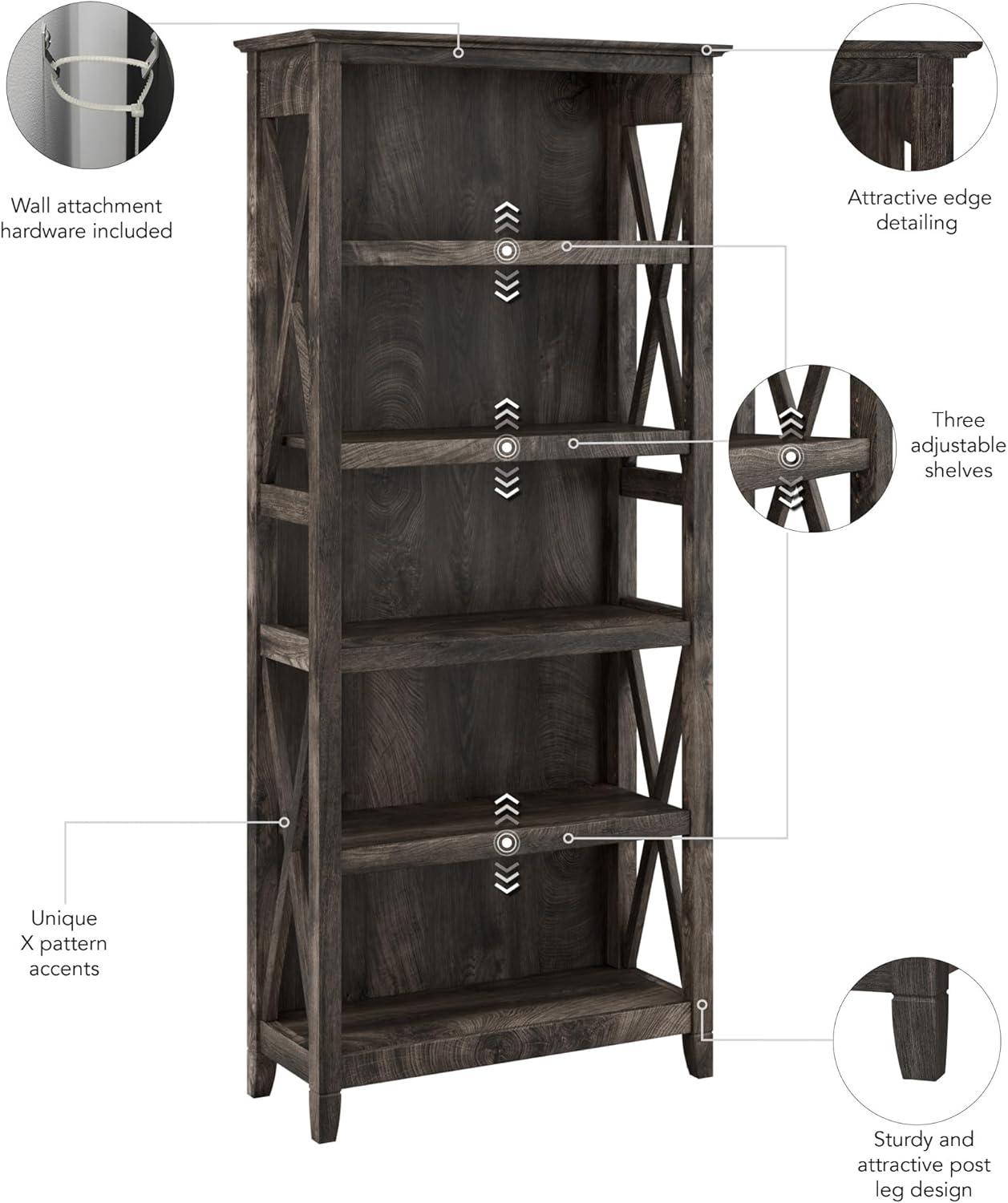 Bush Furniture Key West Tall 5 Shelf Bookcase, Dark Gray Hickory