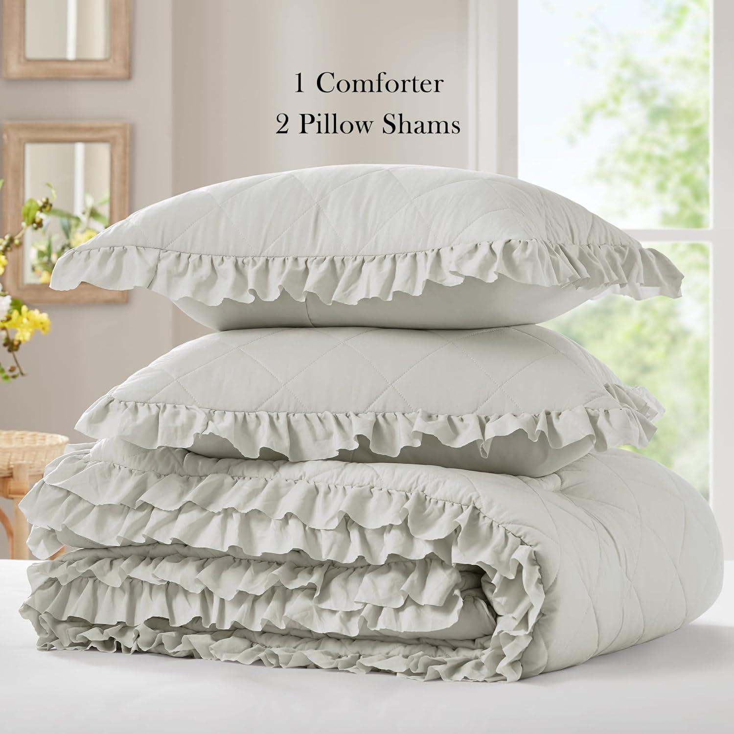 Ruffle Edge Comforter Set - Full/Queen Gray, Farmhouse All-Season 3 PCS Bedding Set with Modern Neutral Design for Easy Care Bedrooms