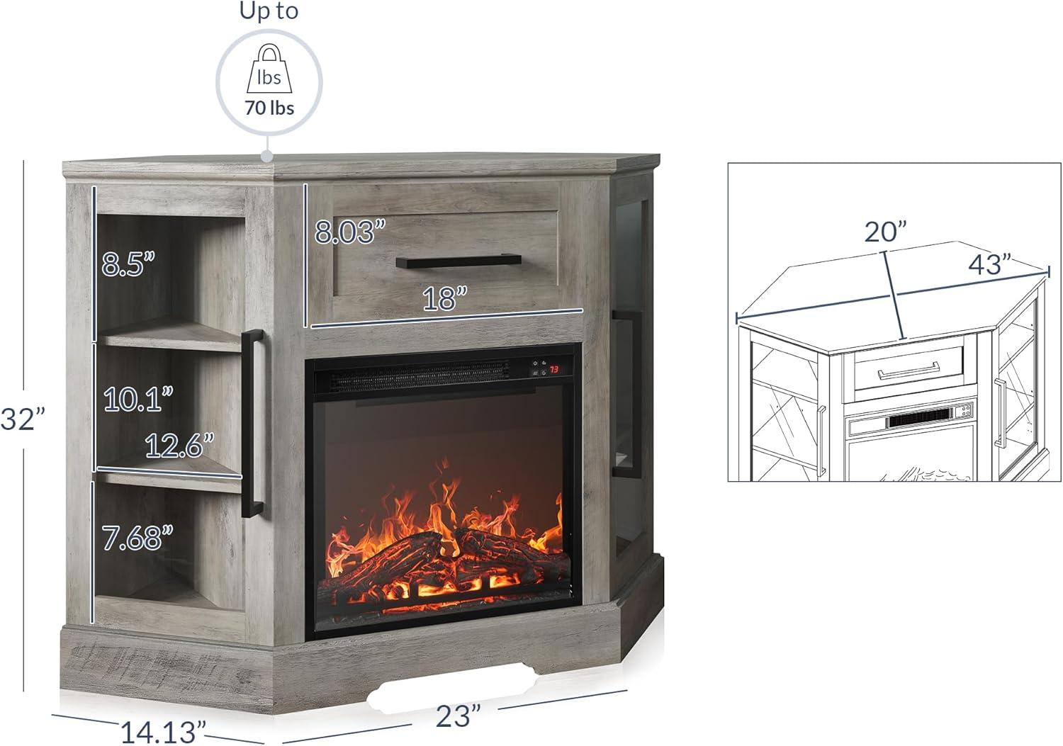 Gray Wash Corner TV Stand with Electric Fireplace and Storage Cabinets