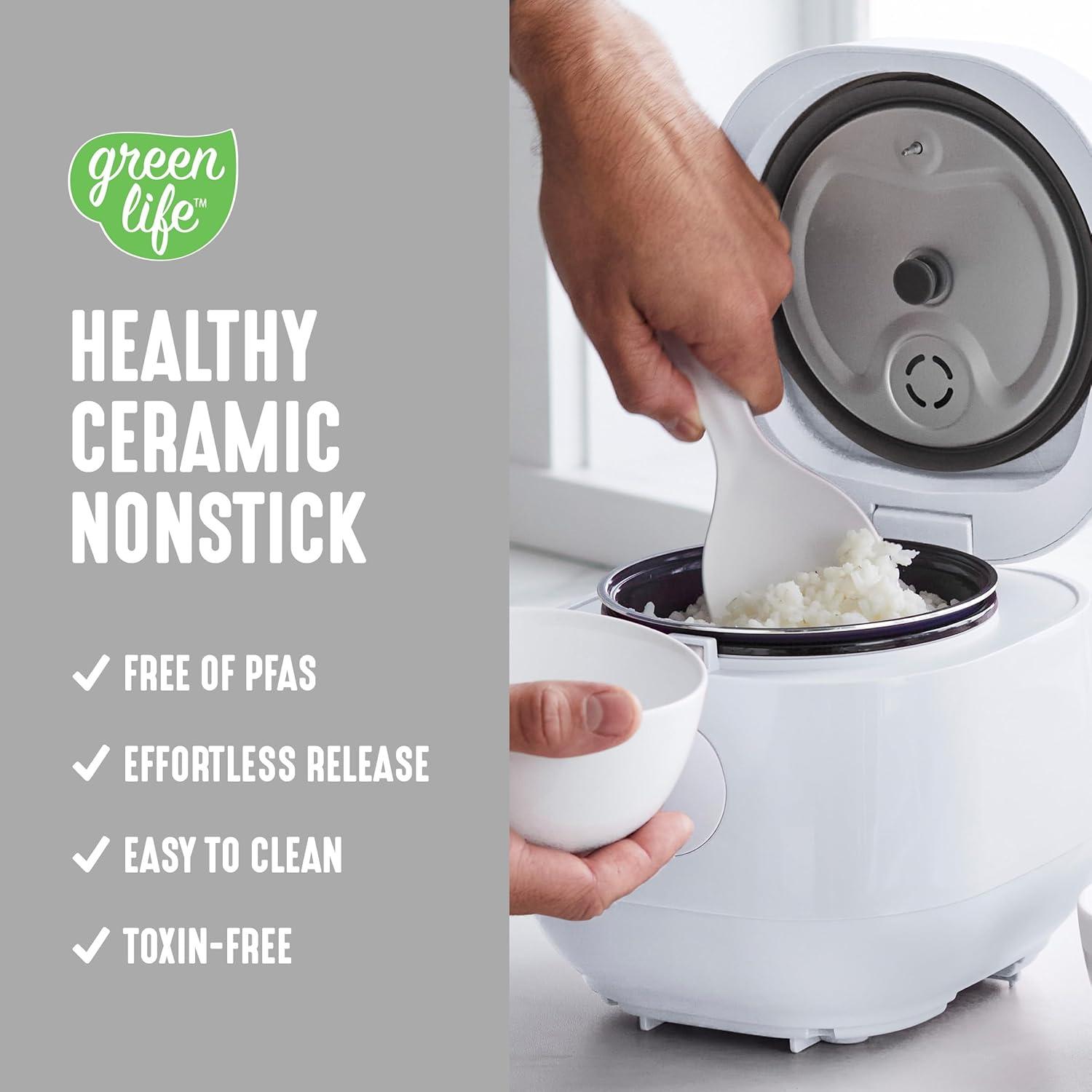 Compact White Electric Rice and Grains Cooker with Ceramic Nonstick Bowl
