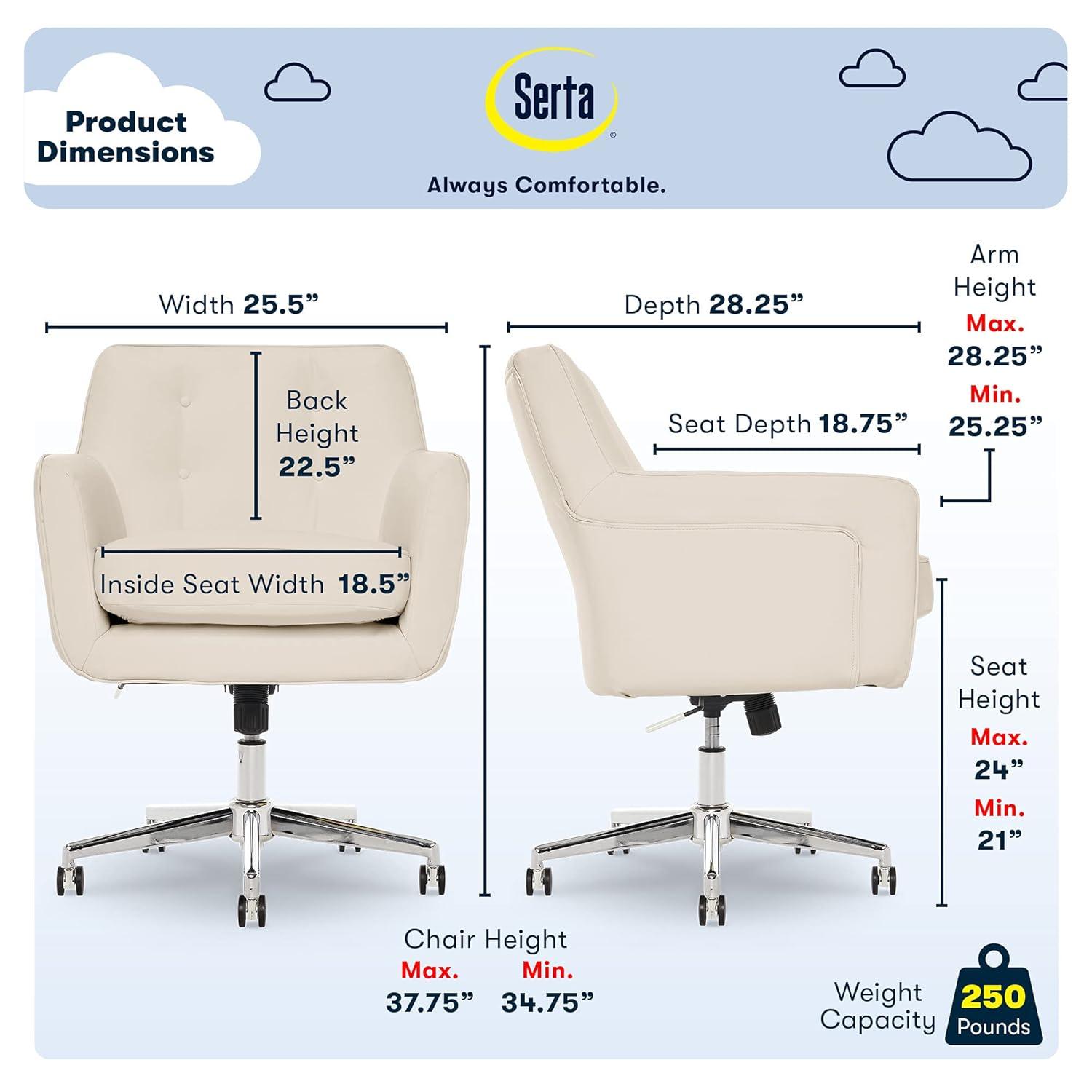Style Ashland Home Office Chair Sweet Cream - Serta: Mid-Century, Tufted, Adjustable