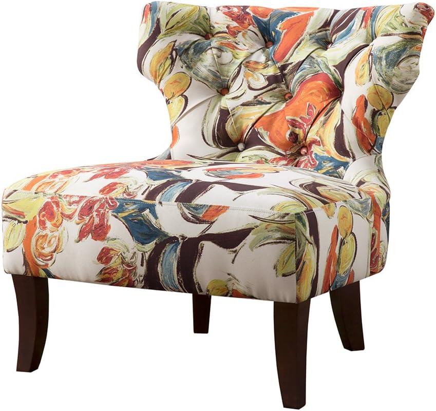 Remy Channel Back Slipper Chair Green/Cream: Madison Park, Wingback Design, Floral Pattern, Wood Legs