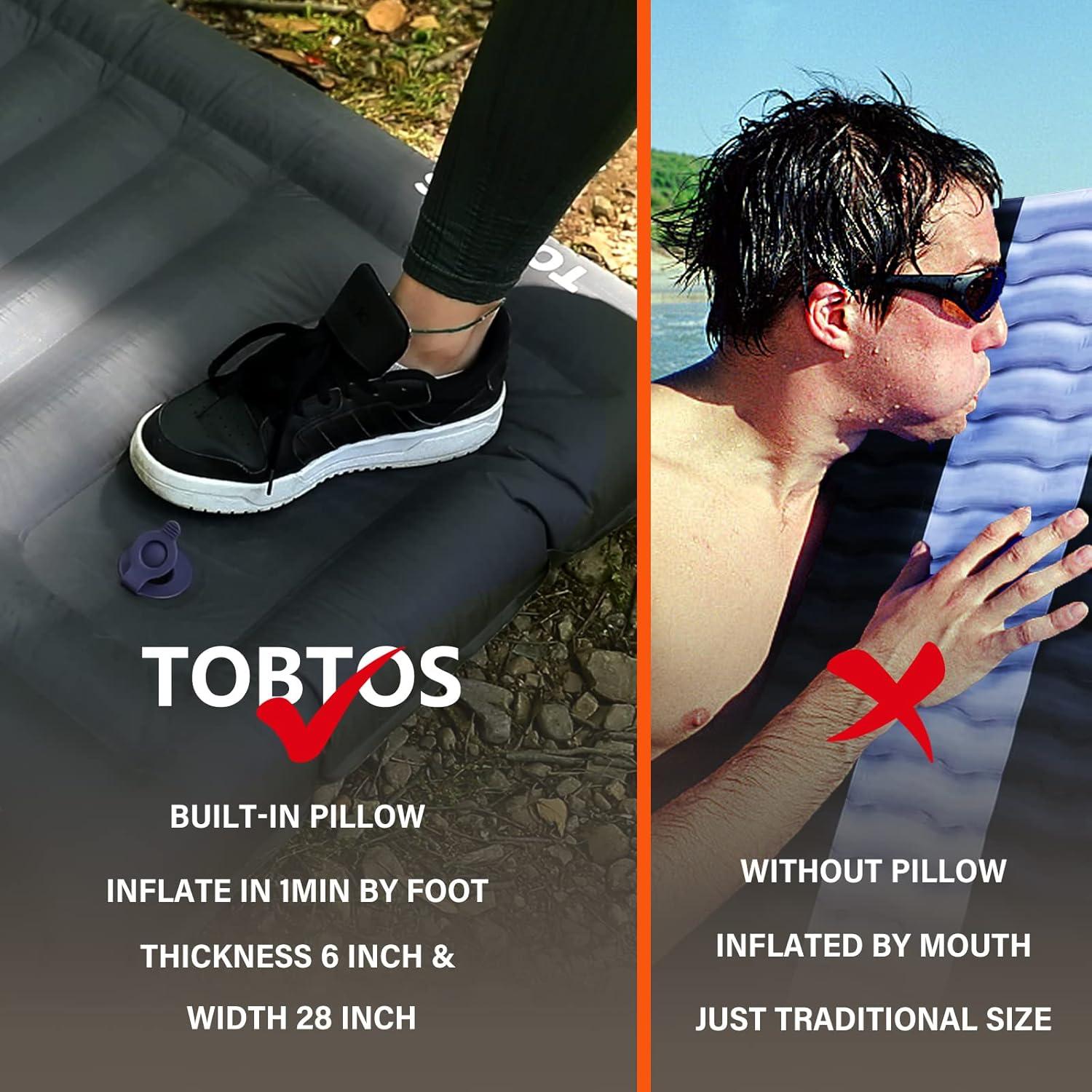 TOBTOS Inflatable Camping Sleeping Pad with Pillow, Thick 6 Inch Ultralight Sleeping Pad with Built-in Pump, Lightweight Sleeping Mat for Camping, Backpacking, Hiking, Tent (Grey)