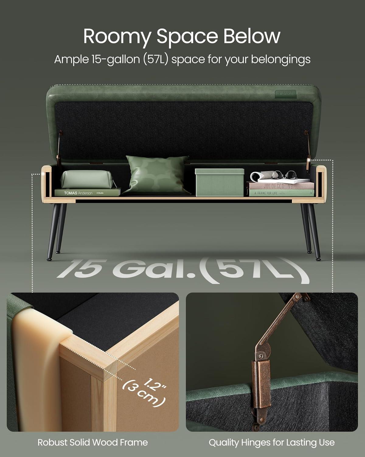 VASAGLE EKHO Collection - Storage Ottoman Bench Leather Entryway Bedroom Bench 15 Gallons for Bedroom Living Room Loads 660 lb Forest Green