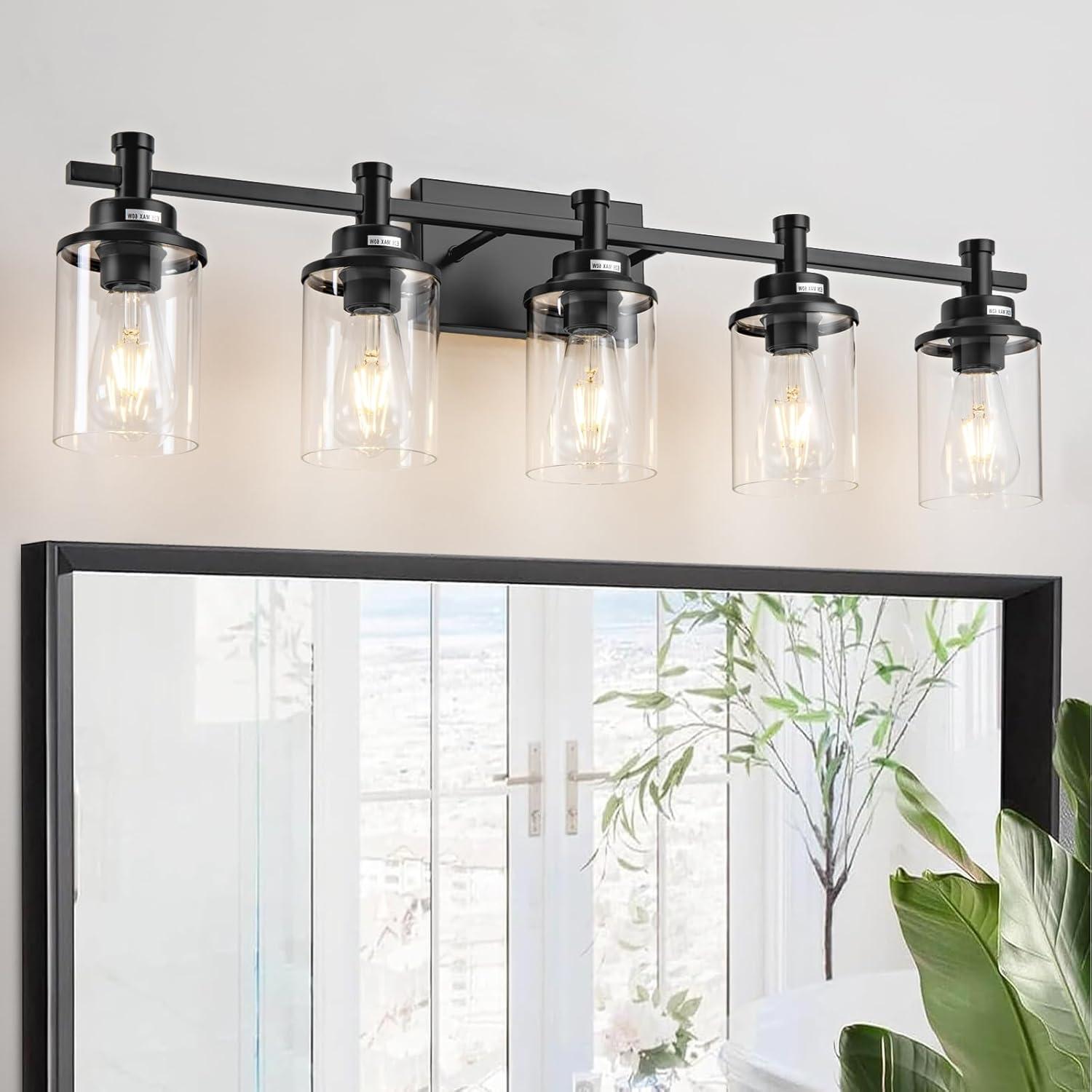 Matte Black 5-Light Bathroom Vanity Fixture with Glass Shades