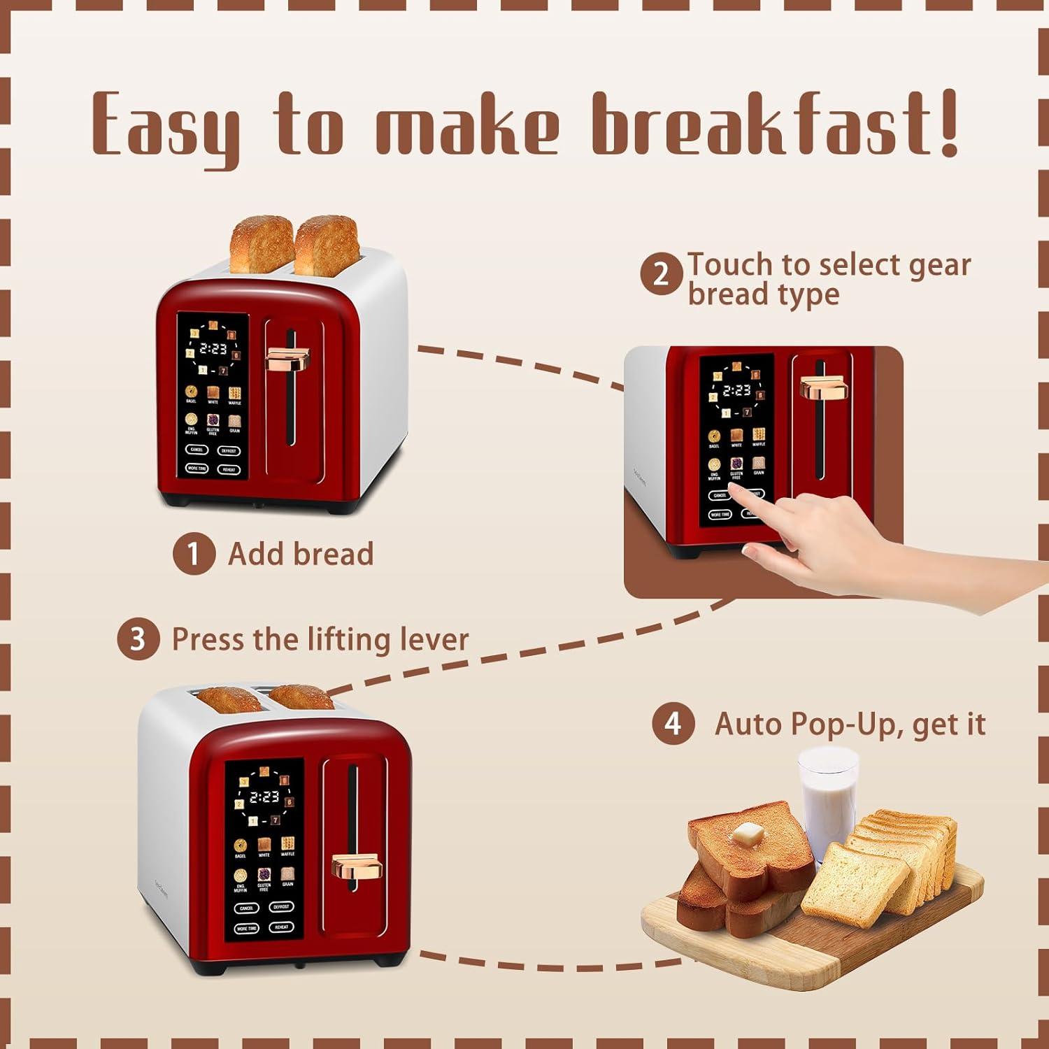 SEEDEEM Toaster 2 Slice with Touch Screen, Faster Heating Speed, 7 Shade Setting, 6 Bread Type, 1.5”Wide Slots Toaster, Removable Crumb Tray, 1350W, Dark Cherry