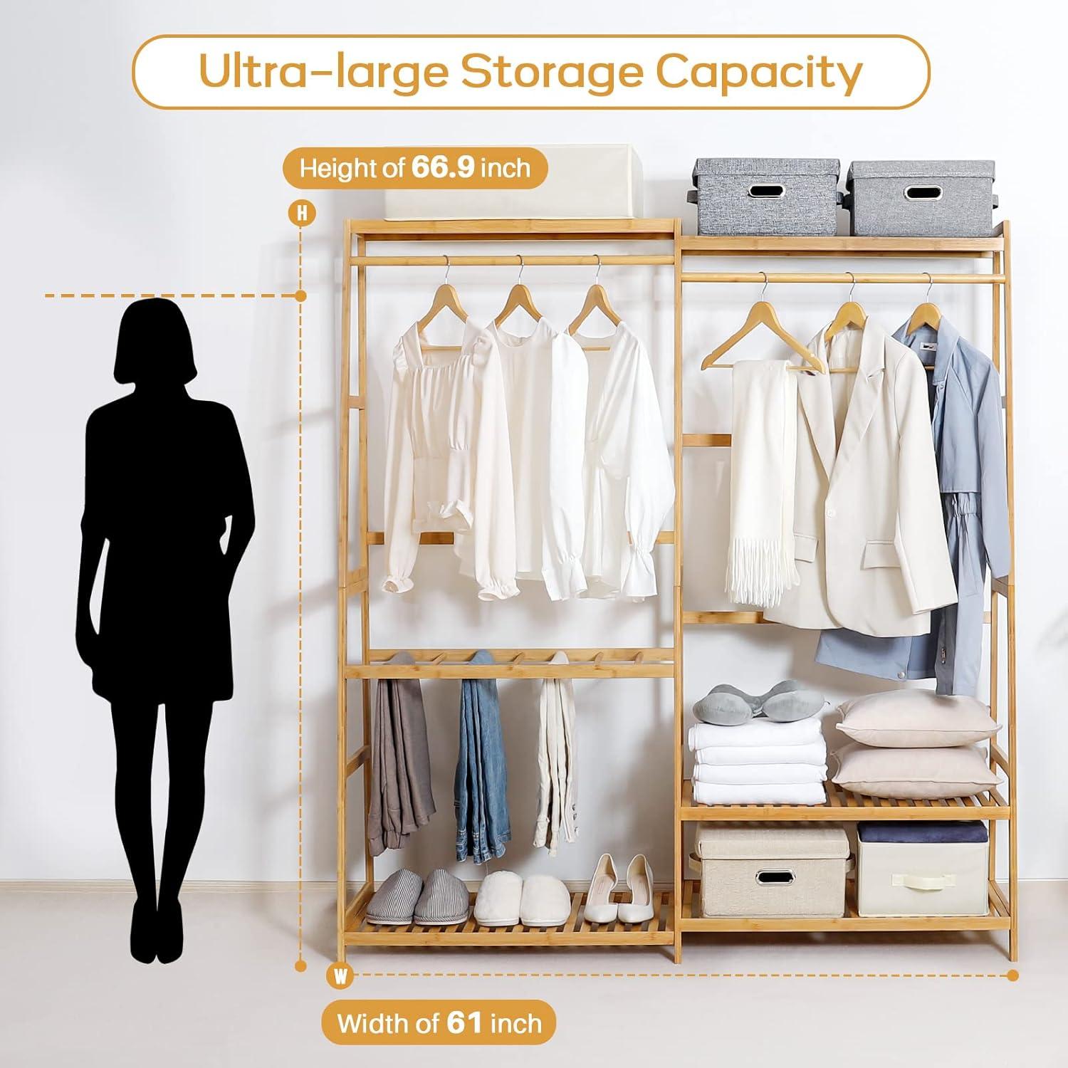 TELOVIN Bamboo Clothes Rack Heavy Duty Garment Racks For Hanging Clothes, Max Load 440Lbs, Freestanding Clothing Rack Closet With 6 Shelves