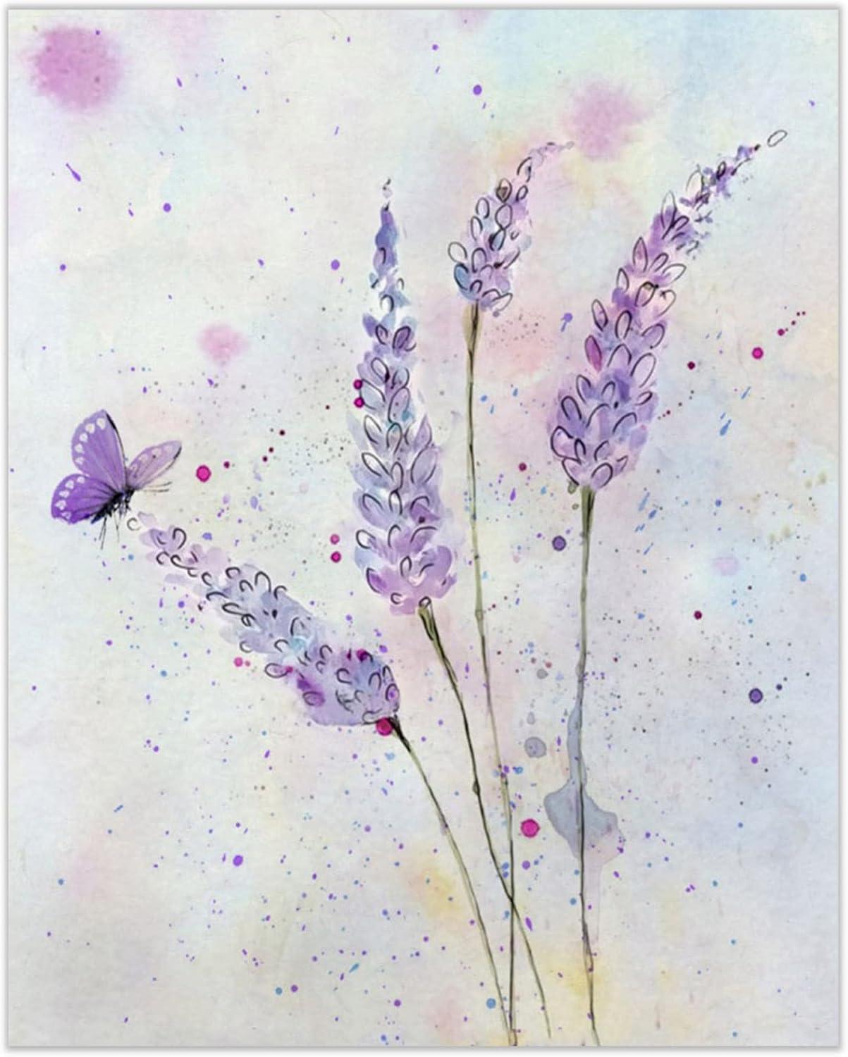 HVEST Lavender Canvas Wall Art Butterfly with Purple Flower Artwork Elegant Paintings for Living Room Bedroom Bathroom Wall Decor,Stretched and Framed Ready to Hang,12x16 inches