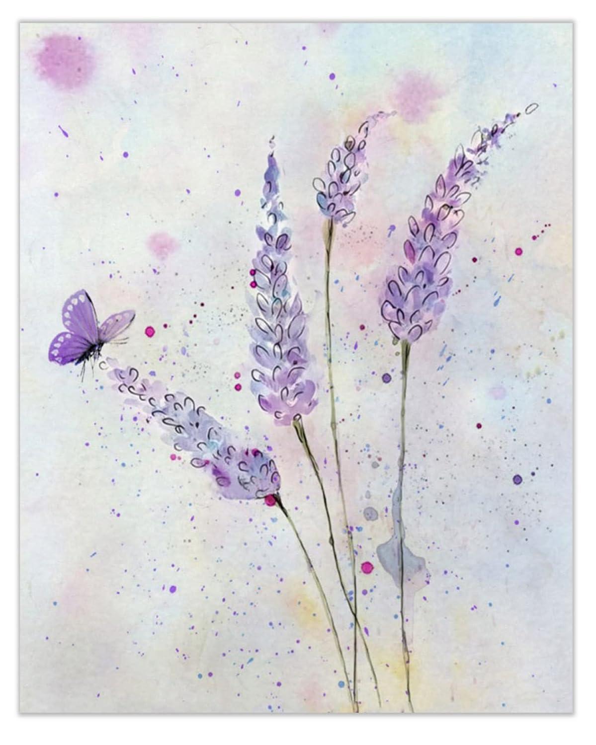 HVEST Lavender Canvas Wall Art Butterfly with Purple Flower Artwork Elegant Paintings for Living Room Bedroom Bathroom Wall Decor,Stretched and Framed Ready to Hang,12x16 inches