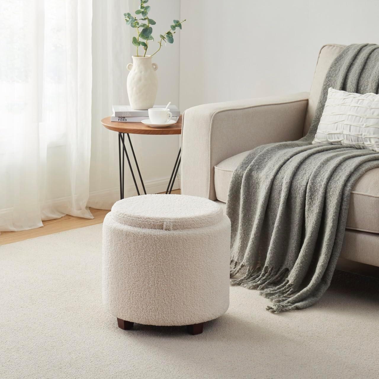 Ornavo Home Lawrence Round Storage Ottoman with Table Top Lid - Linen Beige