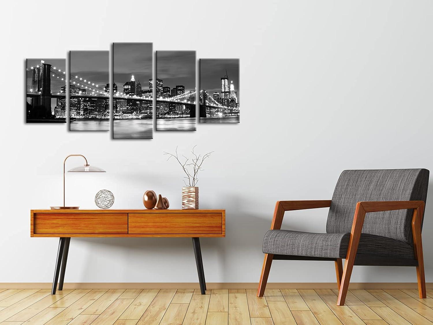 Wieco Art New York Brooklyn Bridge Canvas Wall Art Night View 5 Panels Modern Landscape Artwork Canvas Prints Abstract Pictures to Photo Canvas Wall Decor for Home & Office Decorations