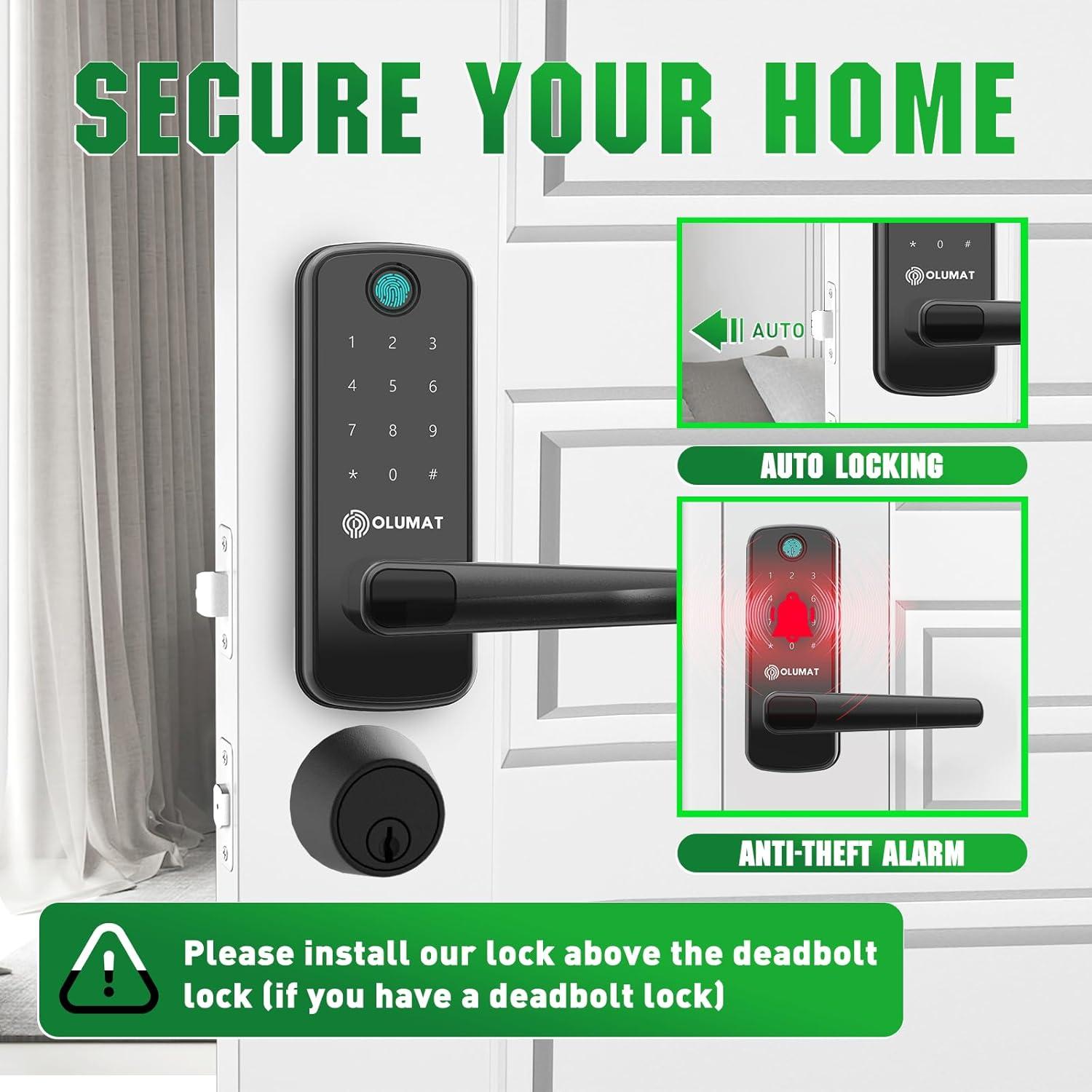 Smart Lock with Handle: Wi-Fi Keyless Entry Door Lock - Smart Locks for Front Door - Biometric Fingerprint Lock with Keypad - Garage Door with App Control