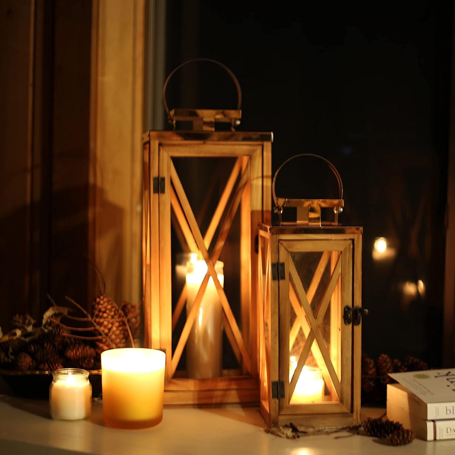 Wooden Candle Lantern Decorative Set of 2, Patio Decor with Stainless Top and Glass Inserts, Hurricane Lantern Holder Decor for Indoor Outdoor, Home, Garden, Wedding (Small-Large Set)