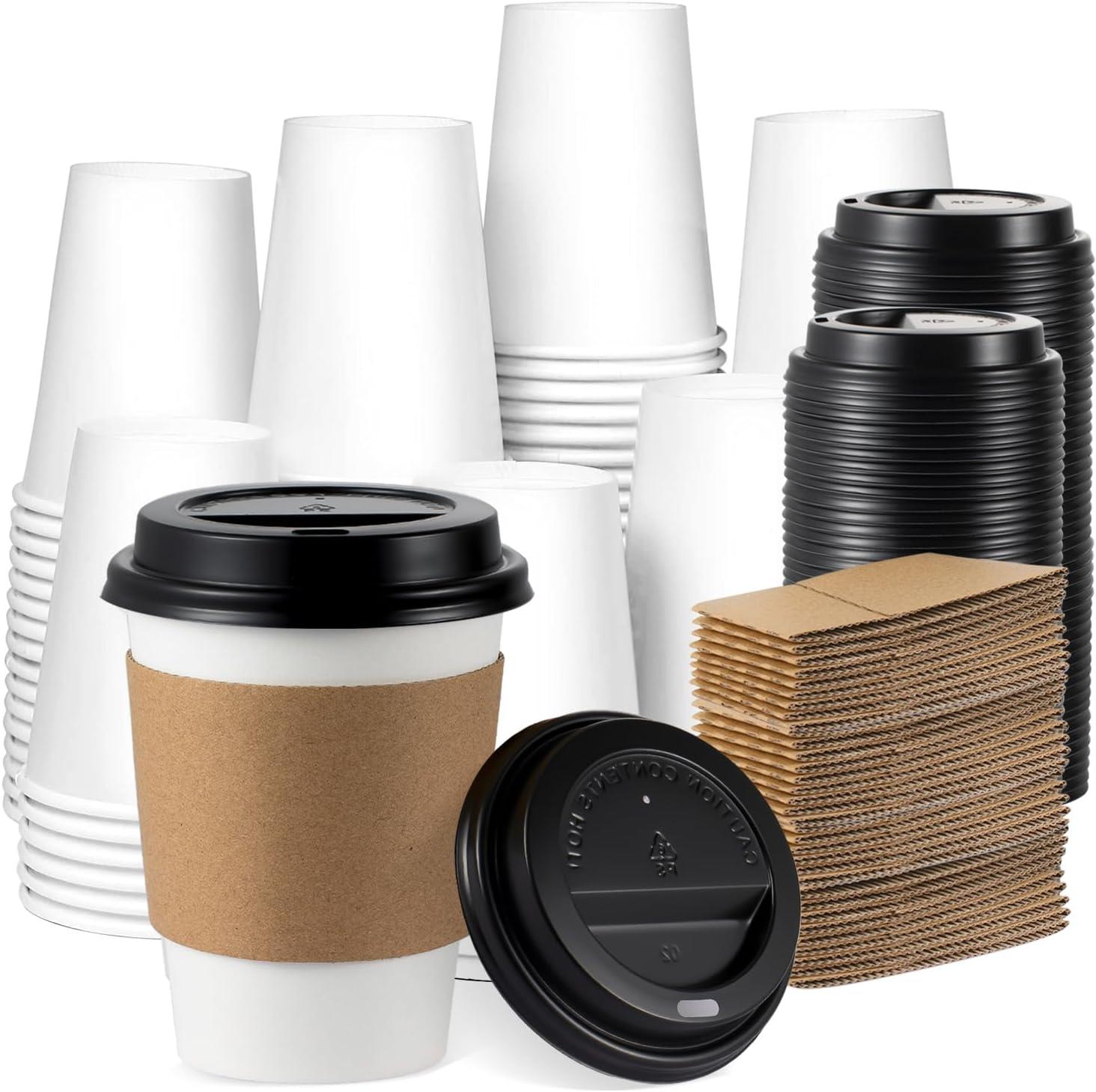 GUSTO 12 Oz Paper Cups Disposable Coffee Cups with Lids & Coffee Sleeves, 100 Sets