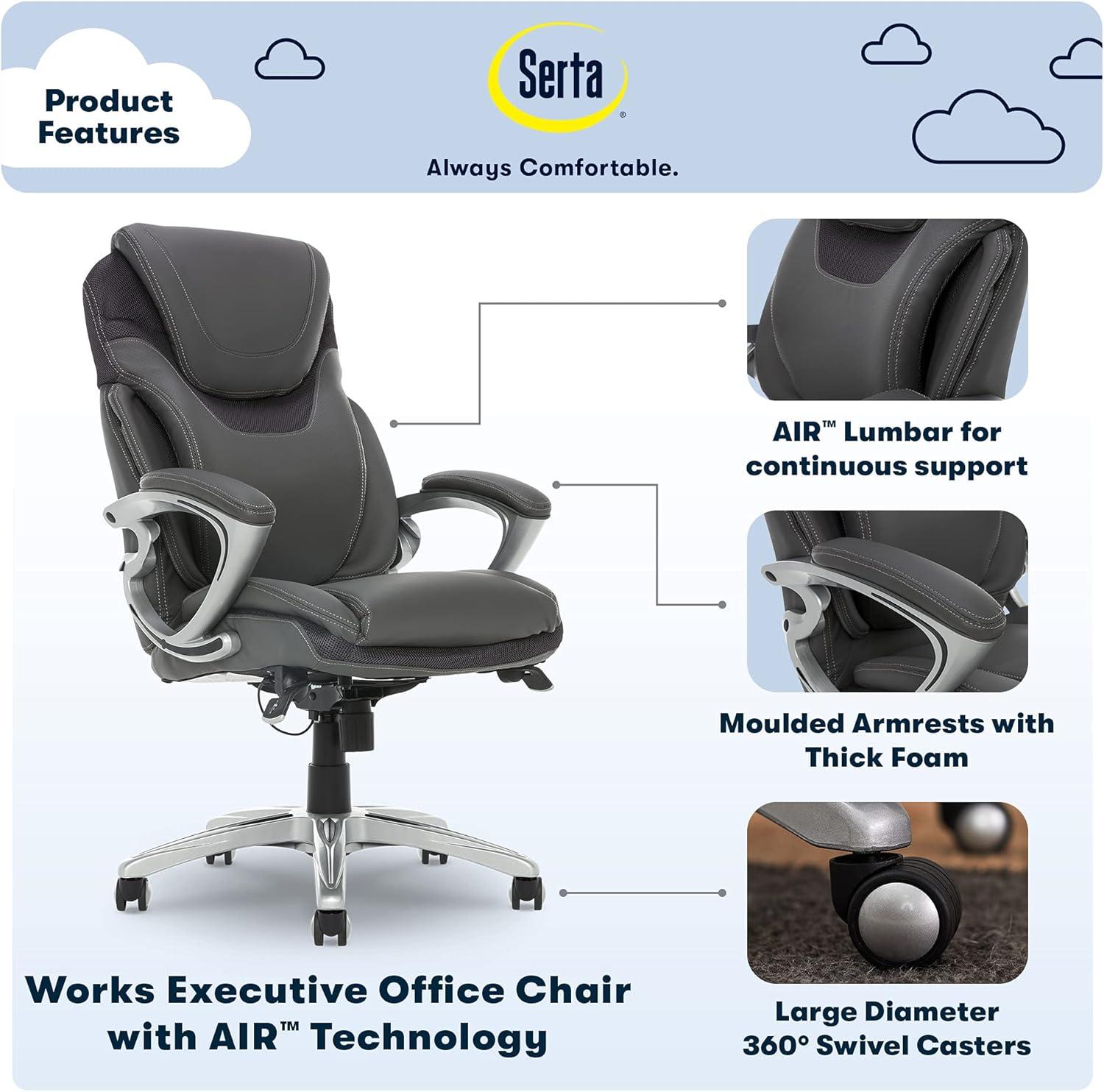 Serta Bryce Executive Office Chair with Patented AIR Lumbar Technology and Layered Body Pillows