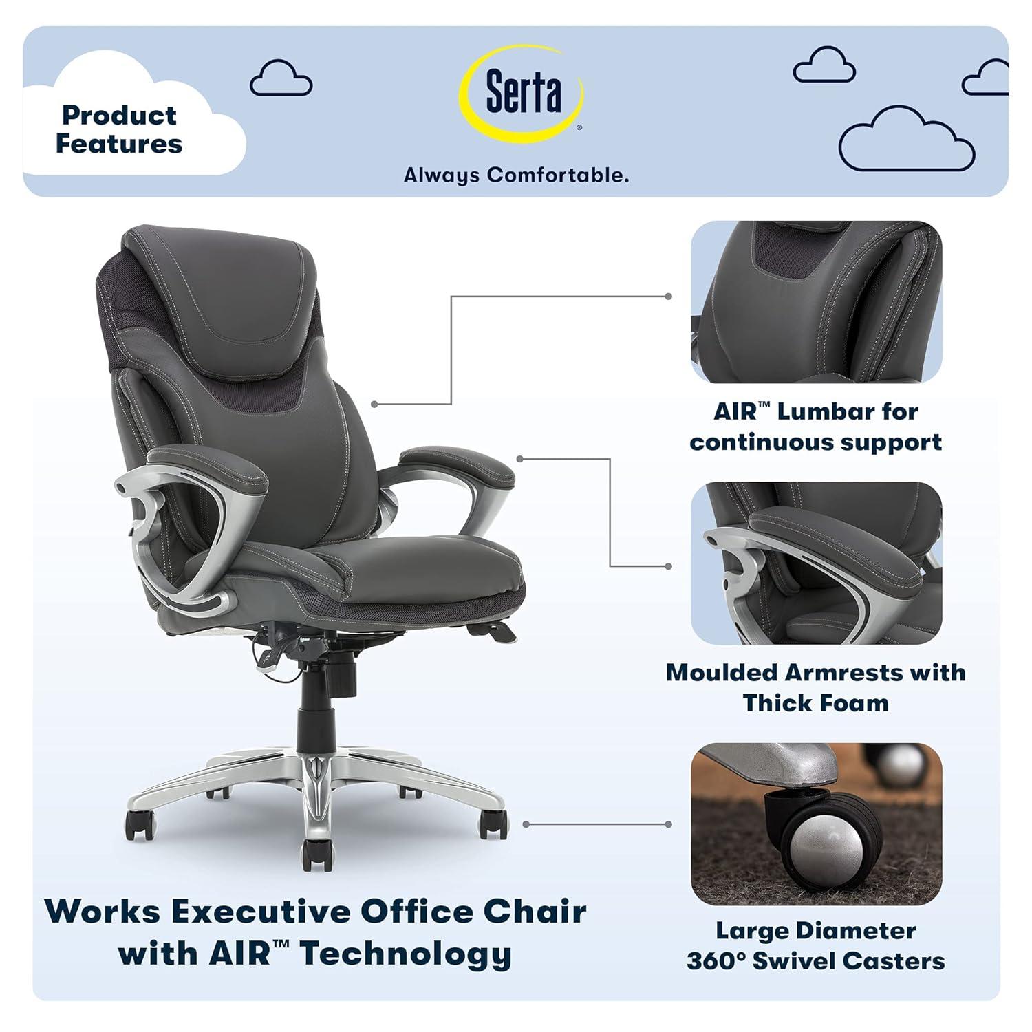 Serta Bryce Executive Office Chair with Patented AIR Lumbar Technology and Layered Body Pillows