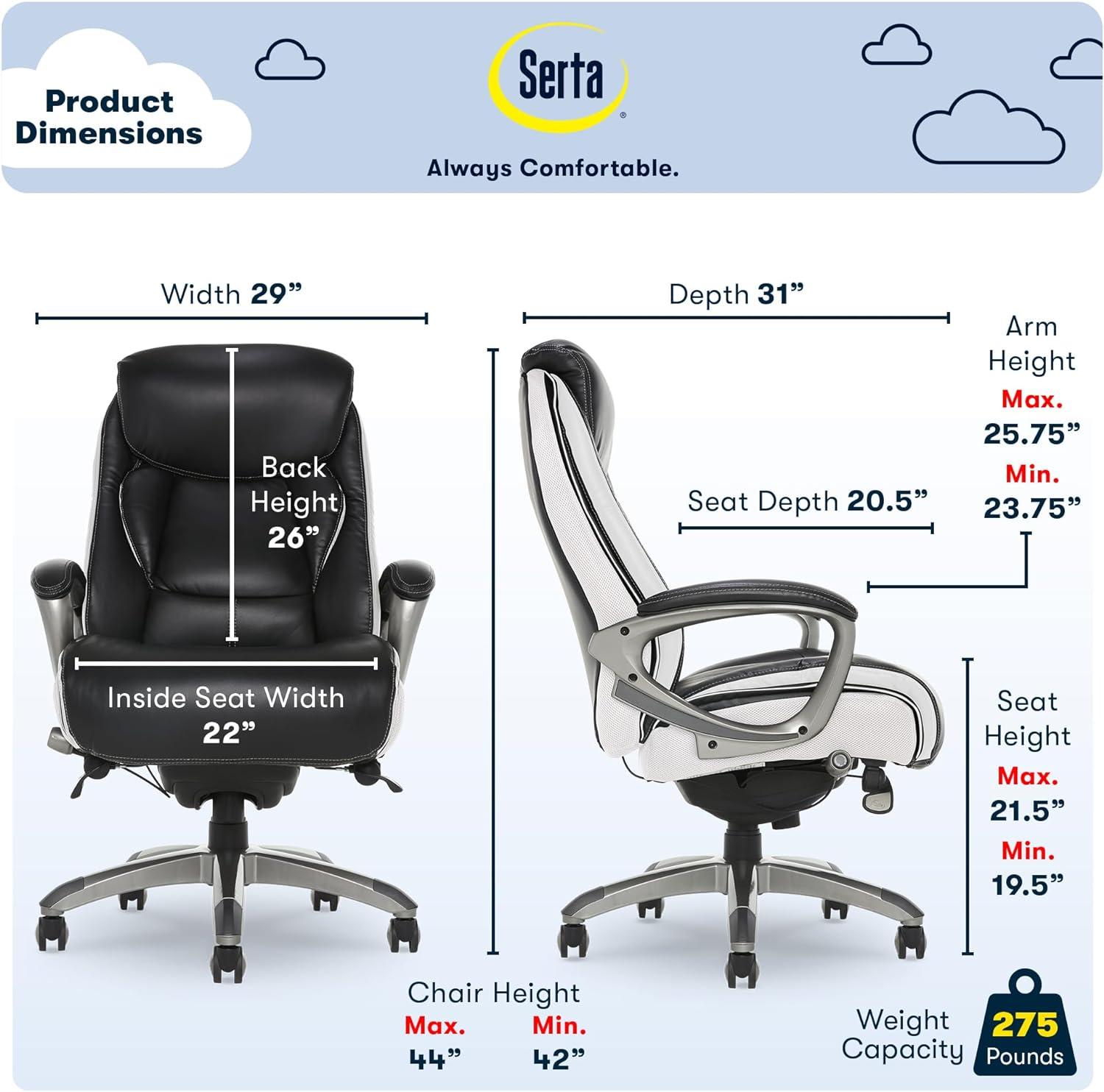 Serta Lautner Executive Office Chair, SmartLayers and ComfortCoils Technology, Adjustable Lumbar