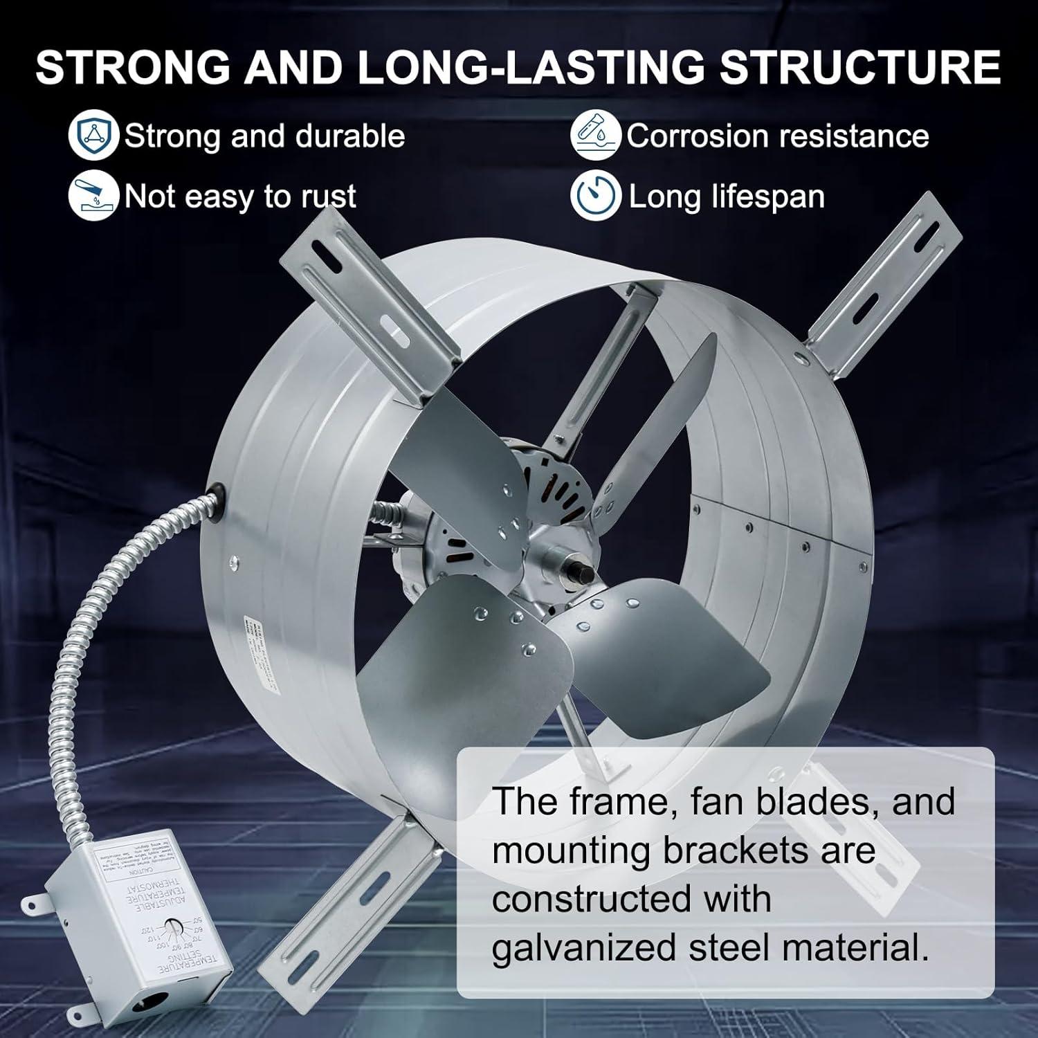 Criditpid 15" Gable Mount Vent Attic Fan, Exhaust Ventilation Fan with Adjustable Thermostat for Gable, Home, Shed, Garage, Portable Building, 3.4A, 1300CFM, 1075RPM, 1850 Sq.Ft Coverage Area.