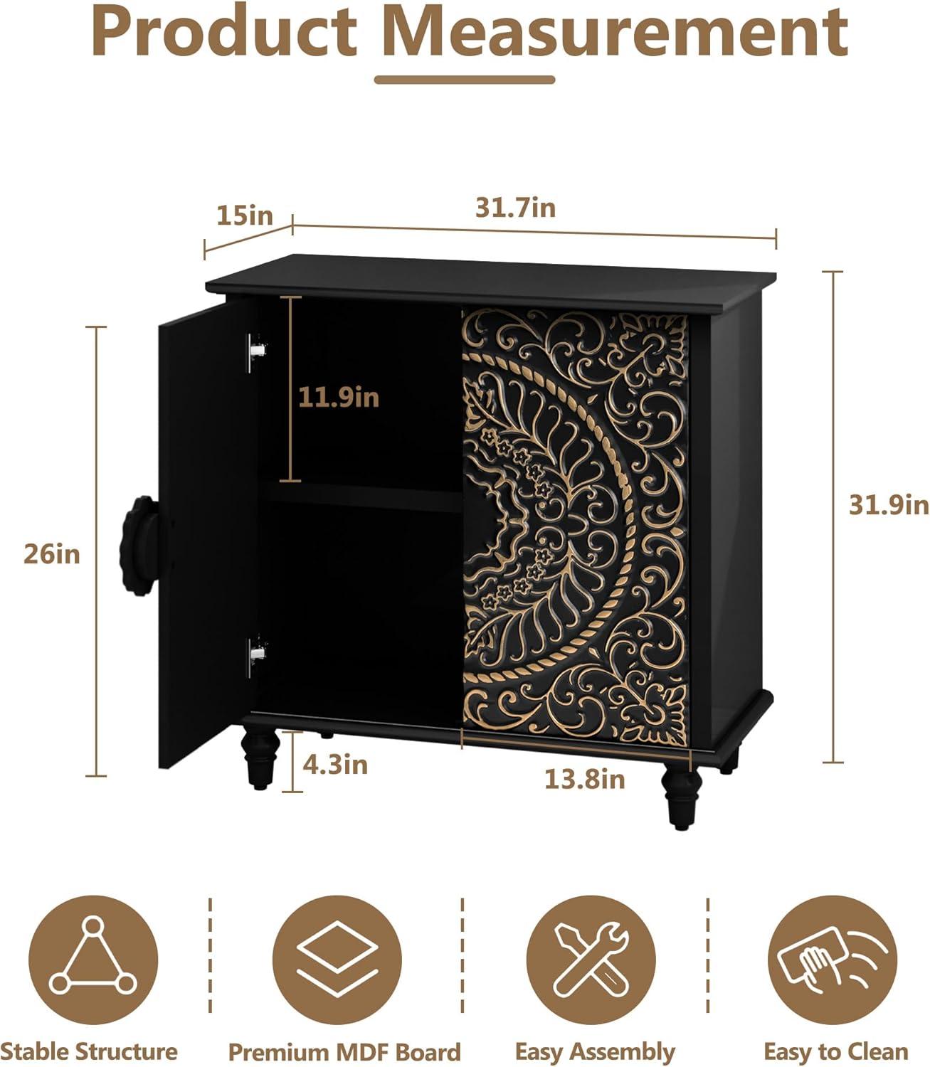 Black Carved Floral Pattern 2-Door Accent Cabinet