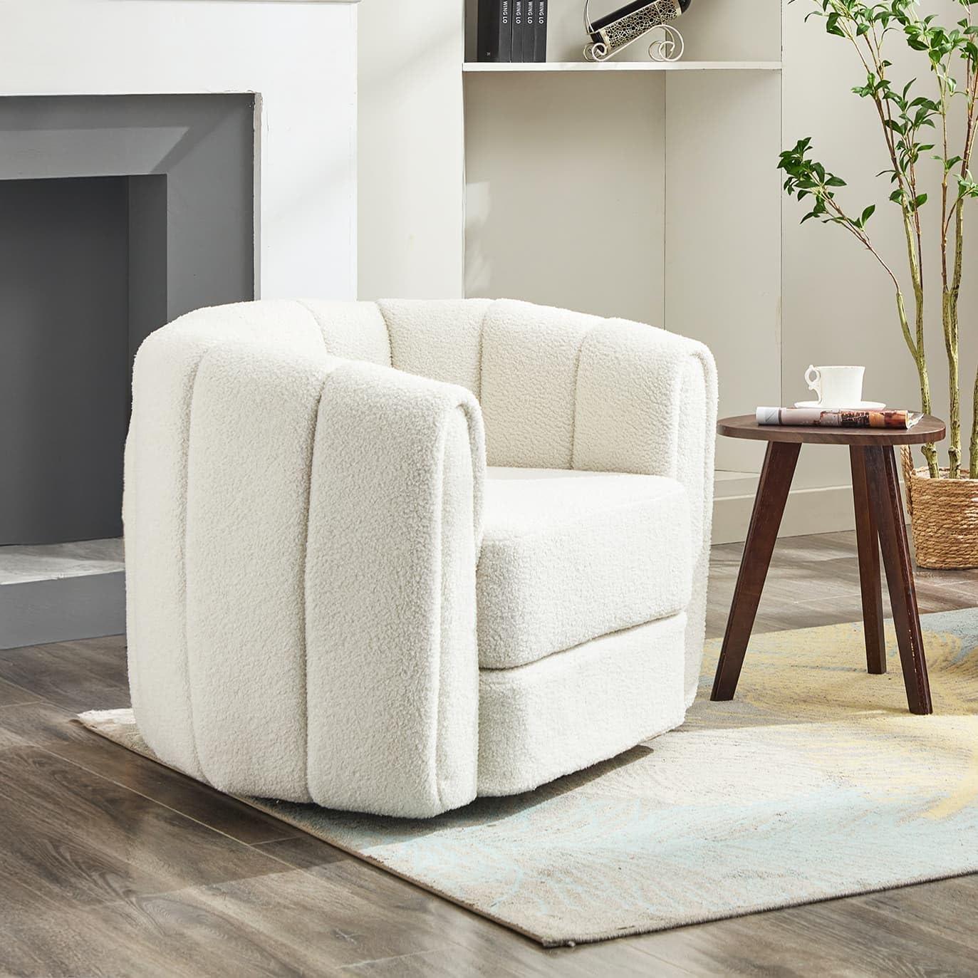 White Velvet Swivel Barrel Accent Chair with Wood Frame