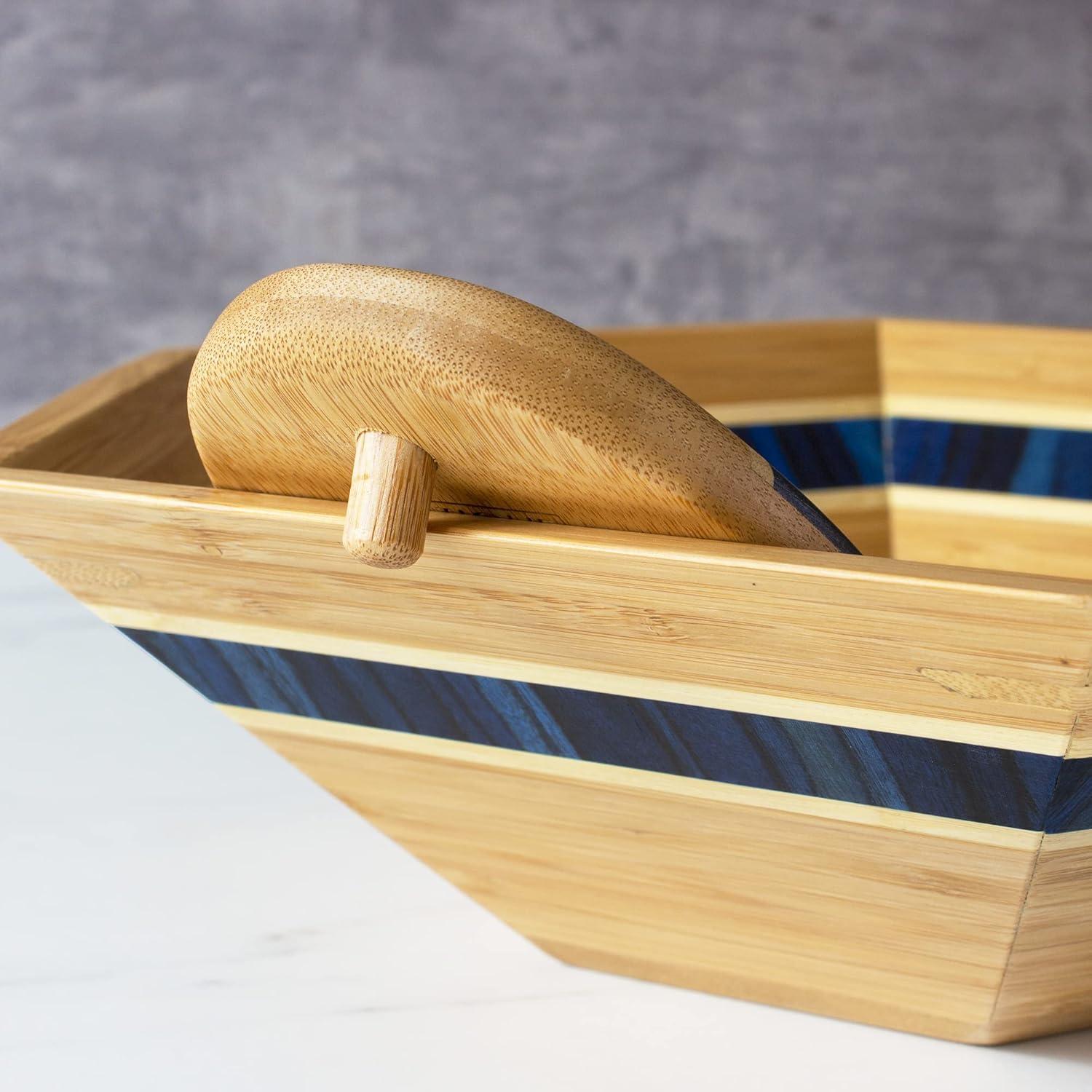 Totally Bamboo Baltique Malta Collection 14" Salad Serving Bowl with Salad Hands, Bamboo and Colored Birch Wood