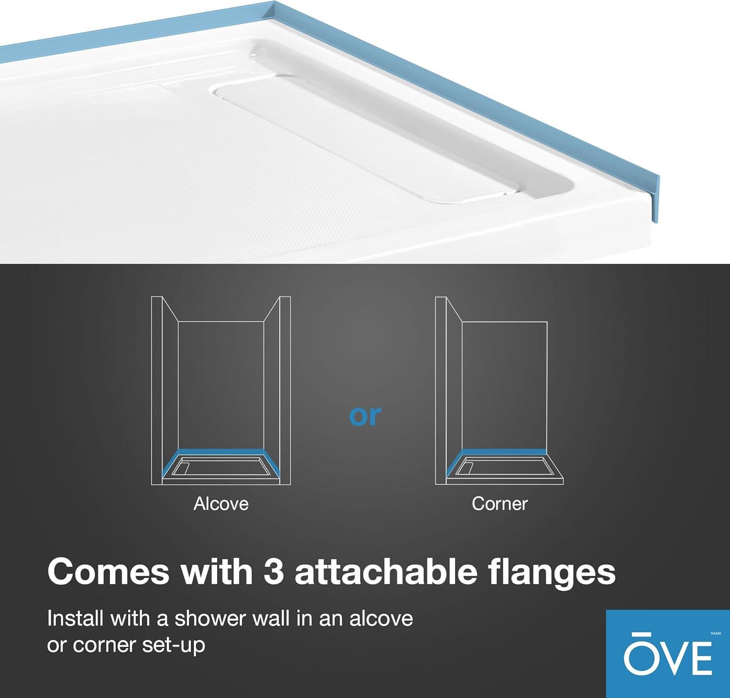 OVE Decors 48" x 36" Rectangle Shower Base Pan, White Acrylic, Hidden Side Drain, Reversible Design