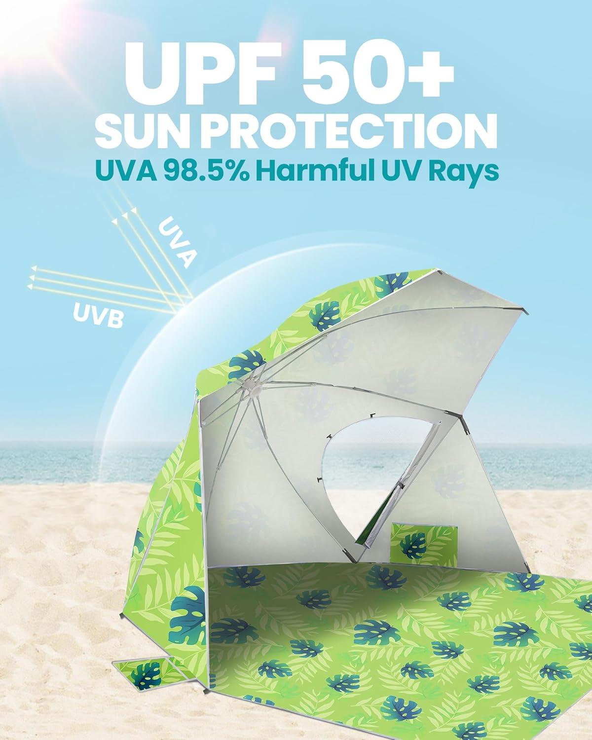OutdoorMaster Pop Up Beach Umbrella, Portable Umbrella Shelter, Beach Shade Sun Canopy with UPF 50+ UV Protection, Extendable Floor with Carrying Bag