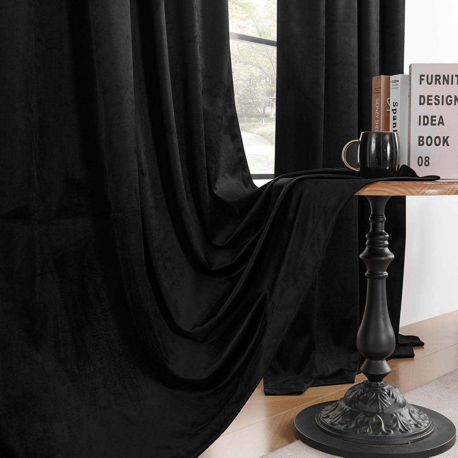 JIUZHEN Black Velvet Curtains for Living Room -96 inches Long Rod Pocket Thermal Insulated Room Darkening Window Drapes for Bedroom, Set of 2 Panels with Tiebacks, 52 x 96 inches