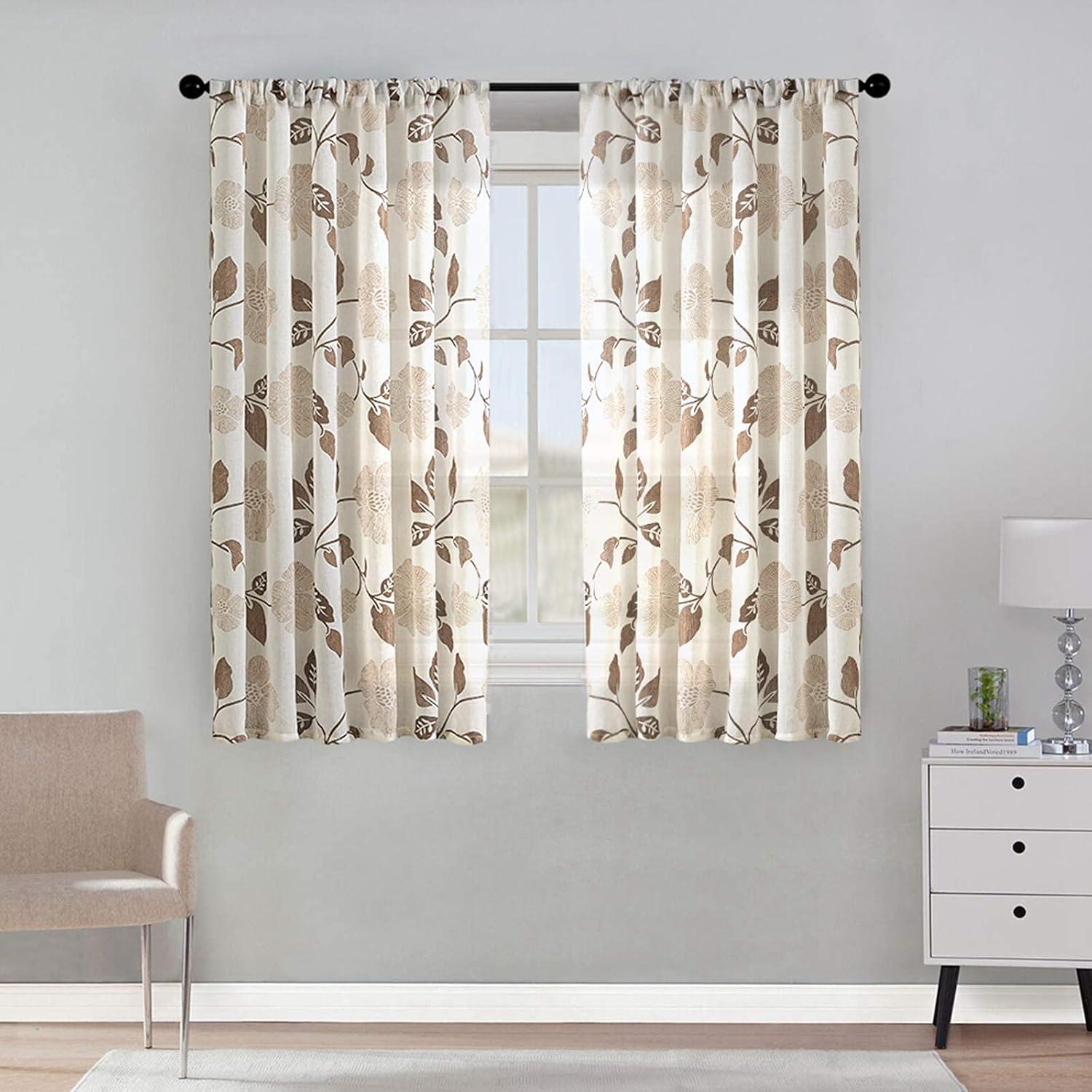 MRTREES Sheer Curtain Panels, Voile Sheer Curtains Drapes Rod Pocket, Flower Printed Embroidery Window Curtain Treatments for Bedroom Living Room Bathroom Window(2 Panels, 54x45 Inches, Brown)