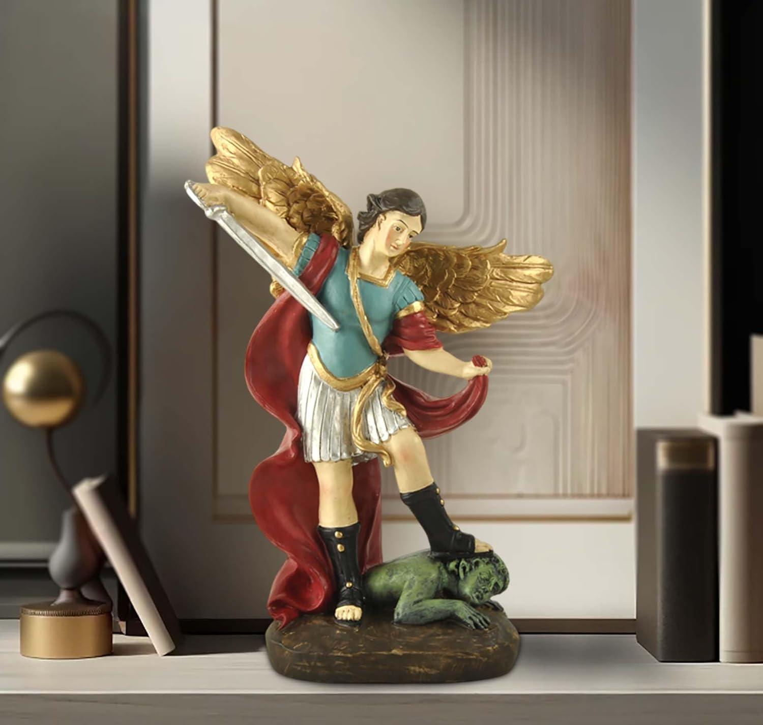 San Miguel Archangel Statue - Saint Michael Statue Miguel Archangel Statue Defeated Lucifer Tramples Demon Statue, Religious Collectible Angel Sculpture, 5.31 Inch