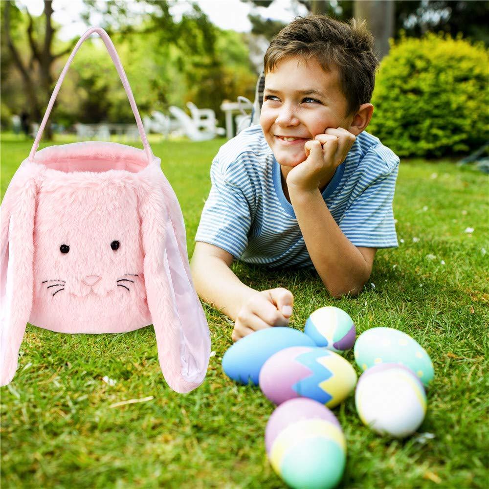 Easter Bunny Tote Bag, Cute Fuzzy Rabbit Ears Soft Plush Candy Handle Bag Eggs Basket Gift Bag for Kids Holiday Decorations