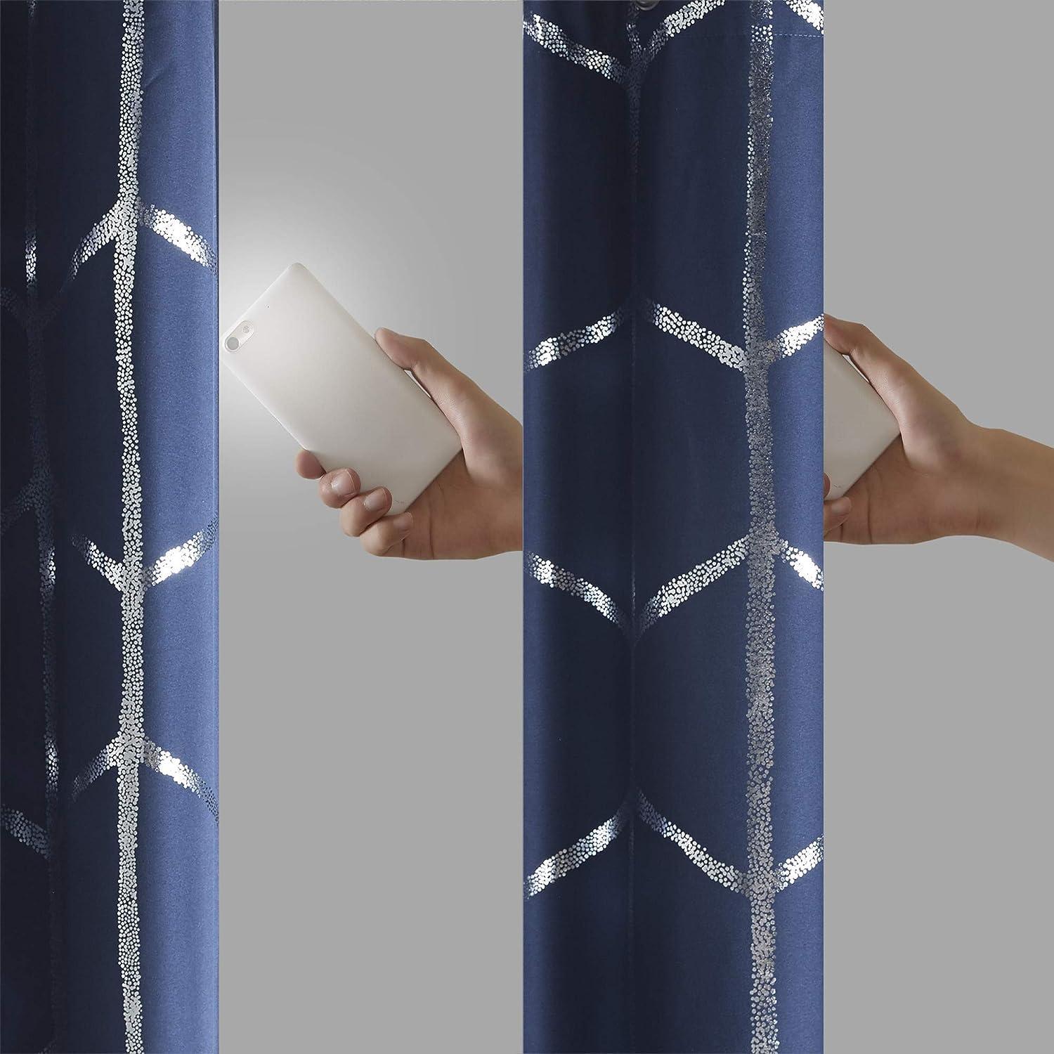63"x50" Arielle Total Blackout Metallic Printed Curtain Panel Navy: Intelligent Design, Geometric Grommet Top, Energy Efficient
