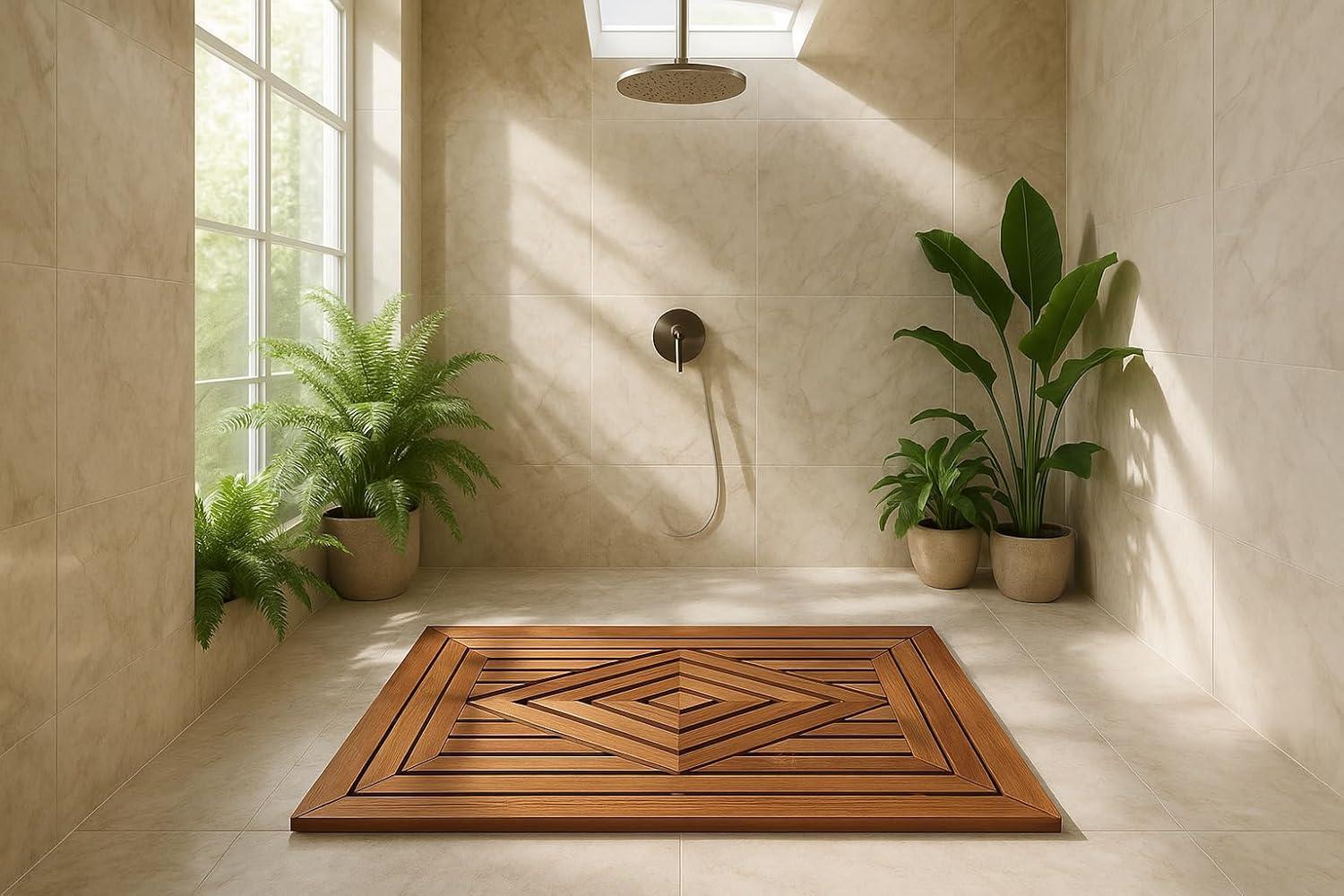 Large Teak Shower Mat with Diamond Design, 31.5 Inches
