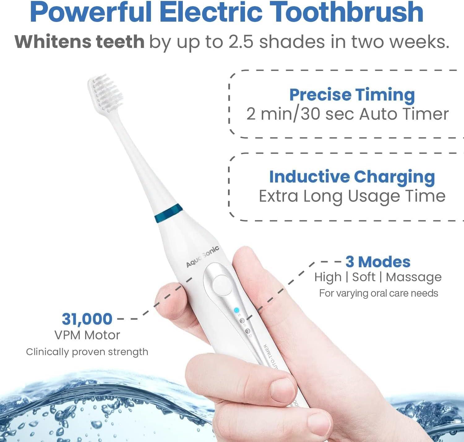 Aquasonic Home Dental Center - Electric Sonic Toothbrush & Smart Water Flosser Combo, 3 Cleaning Modes, Inductive Charging, Auto Timer, Complete Oral Care Kit for Family (White)