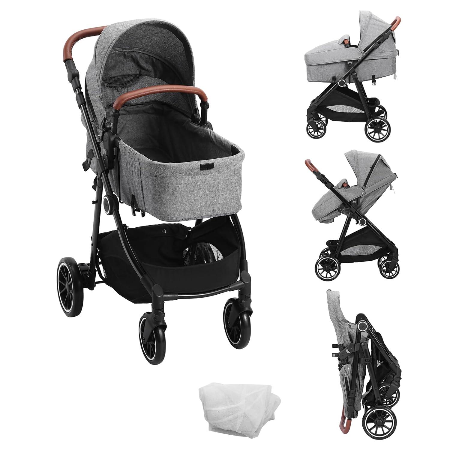 Gray All-Terrain Steel Frame Bassinet Stroller with Adjustable Backrest