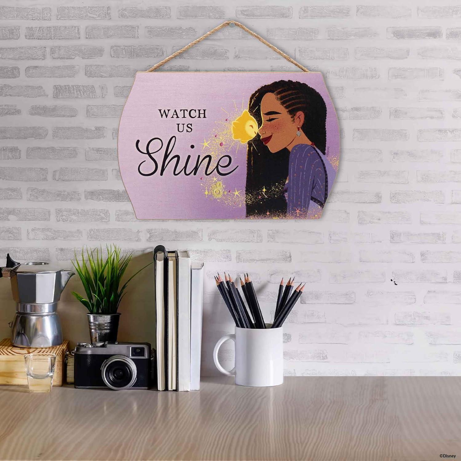 Disney Wish Watch Us Shine Asha and Star Hanging Wood Wall Decor - Adorable Wish Sign for Kids' Bedroom or Movie Room