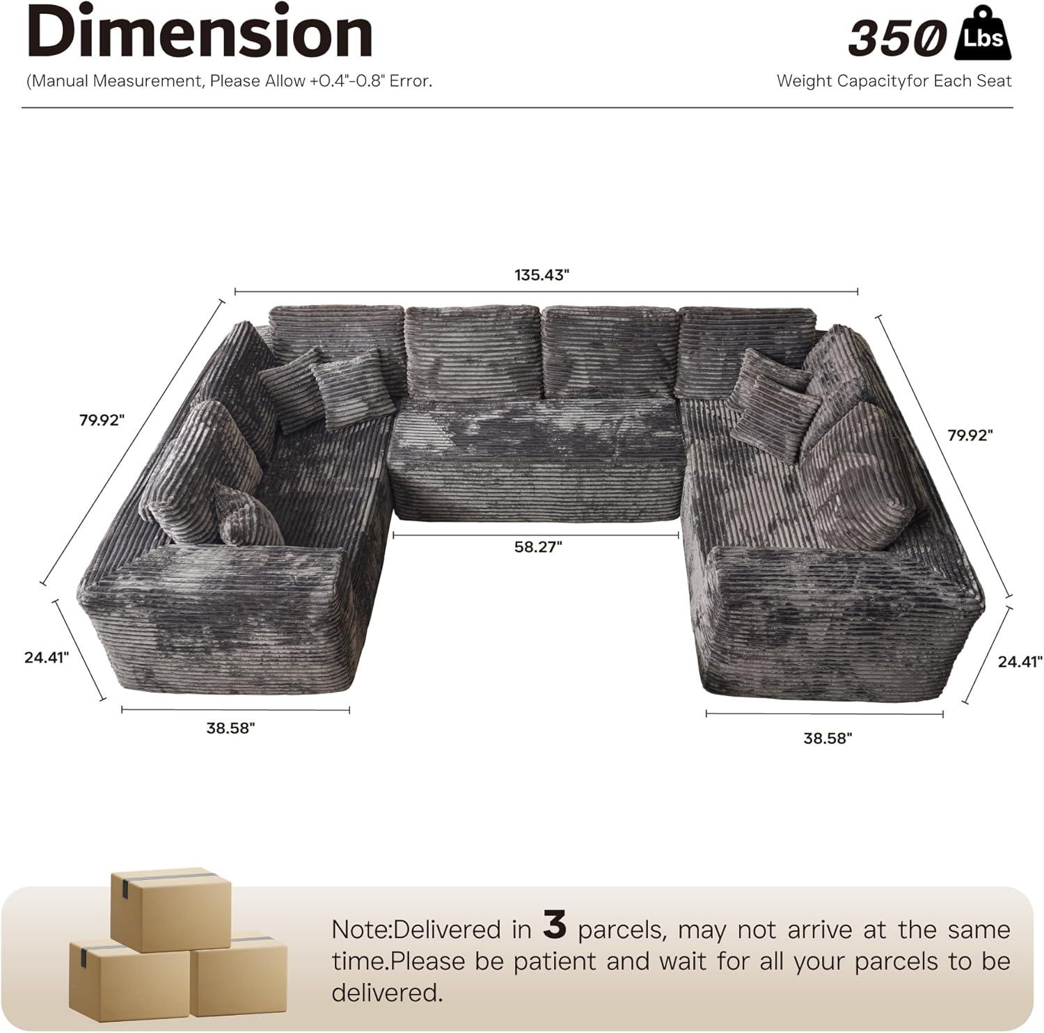 Ovios 135" U-Shape Modular Sectional Sofa Extra Large Plush Corduroy Couch with Ottoman Deep Seat Cloud Sofa Bed for Living Room, Gray, No Assembly Needed