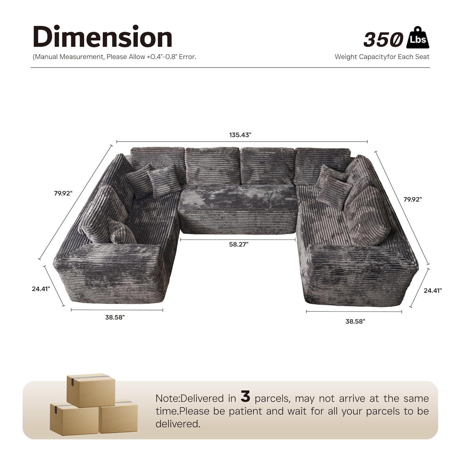 Ovios 135" U-Shape Modular Sectional Sofa Extra Large Plush Corduroy Couch with Ottoman Deep Seat Cloud Sofa Bed for Living Room, Gray, No Assembly Needed