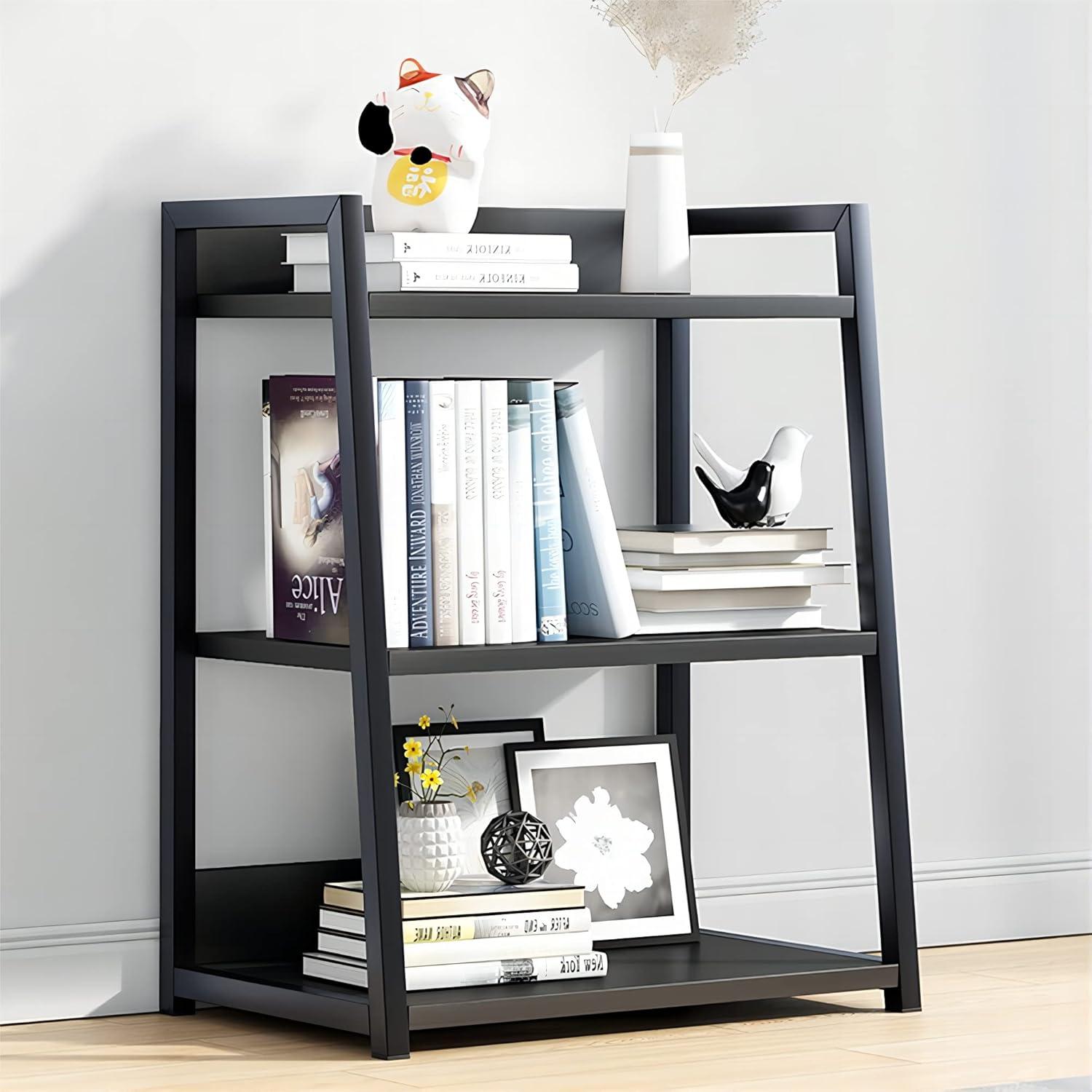 3 Tier Open Bookshelf - Steel and Wood Display Stand, 50CM Width Floor-Standing Bookcase, Black