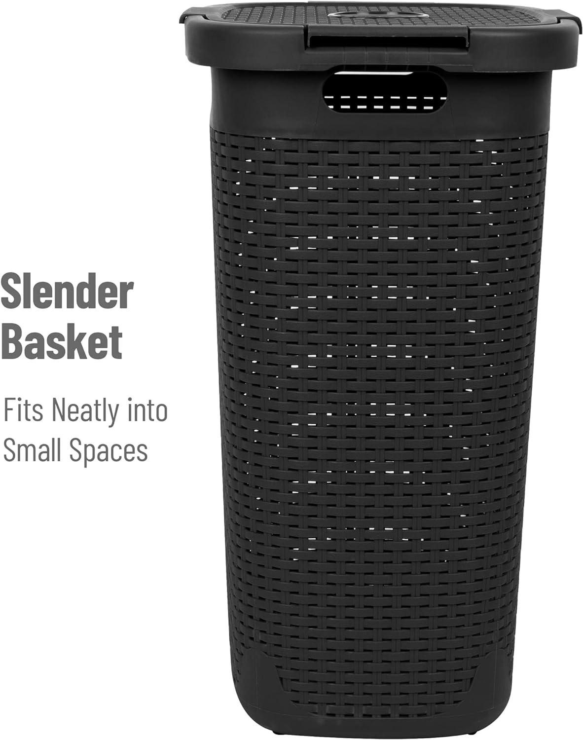 Mind Reader 60L Slim Laundry Hamper, Clothes Basket, Lid, Wicker Style, Plastic, 17.65"L x 13.75"W x 24.15"H, 2-Pack